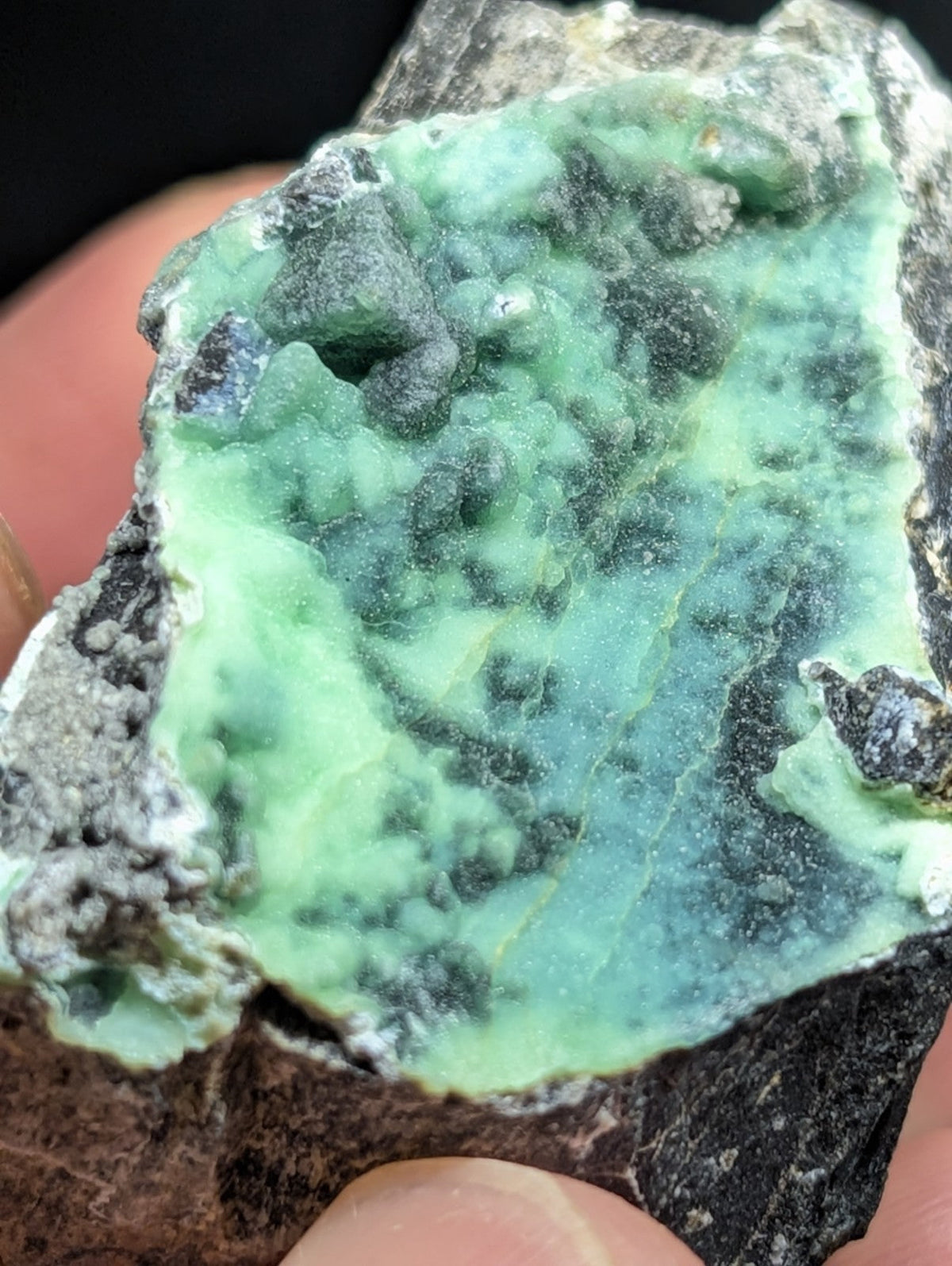 A vibrant green mineral specimen with a mottled, textured surface and dark veining.