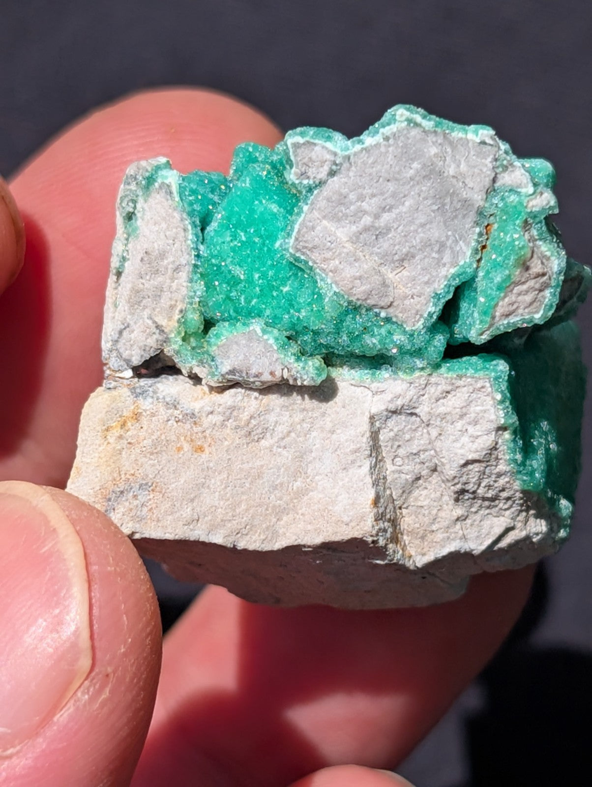 A vibrant green mineral specimen with crystalline formations set against a pale, rocky matrix.
