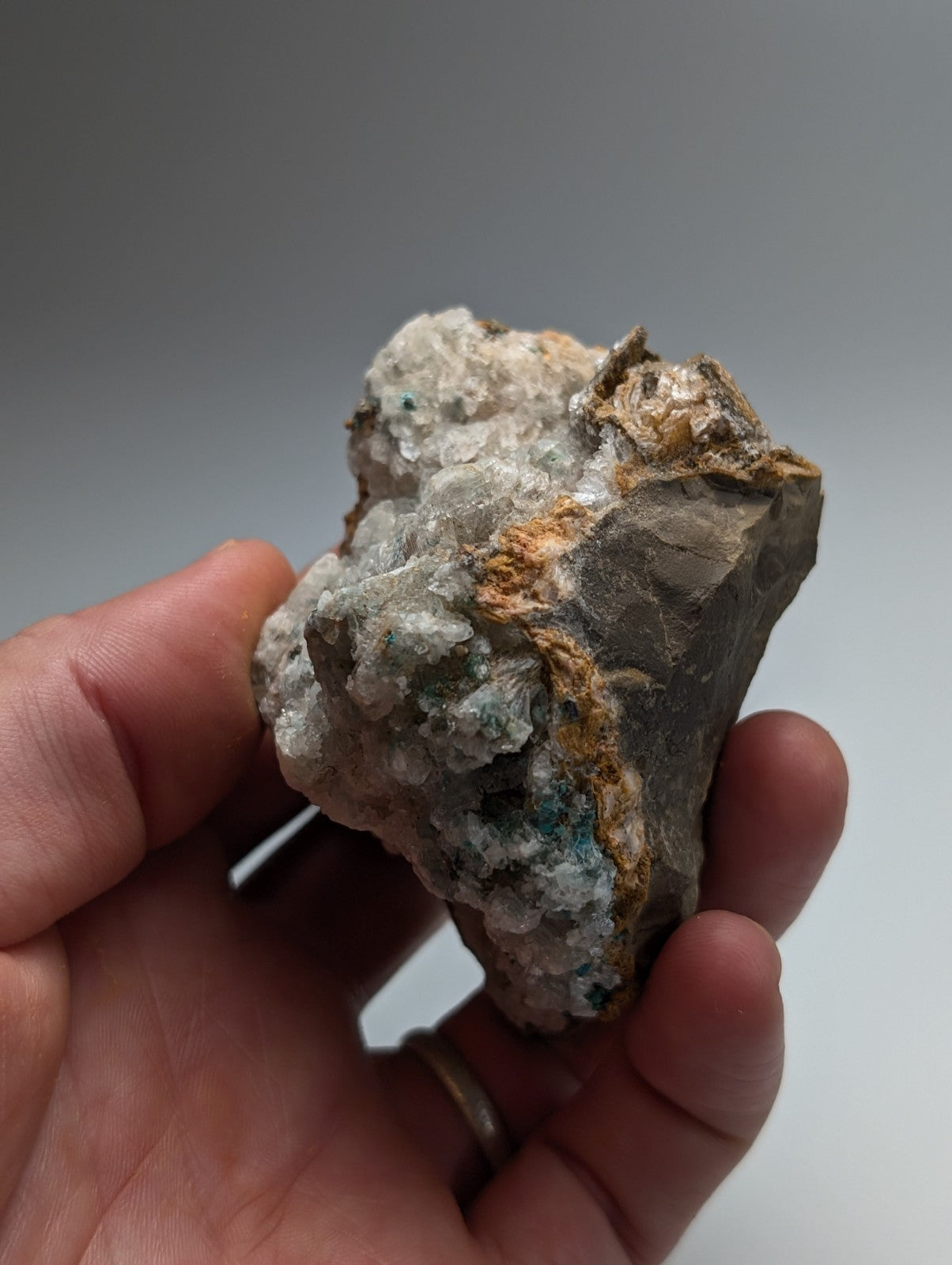 Very rare aurichalcite and selenite mineral specimen with white crystals and earthy brown green hues from red cloud mine arkansas