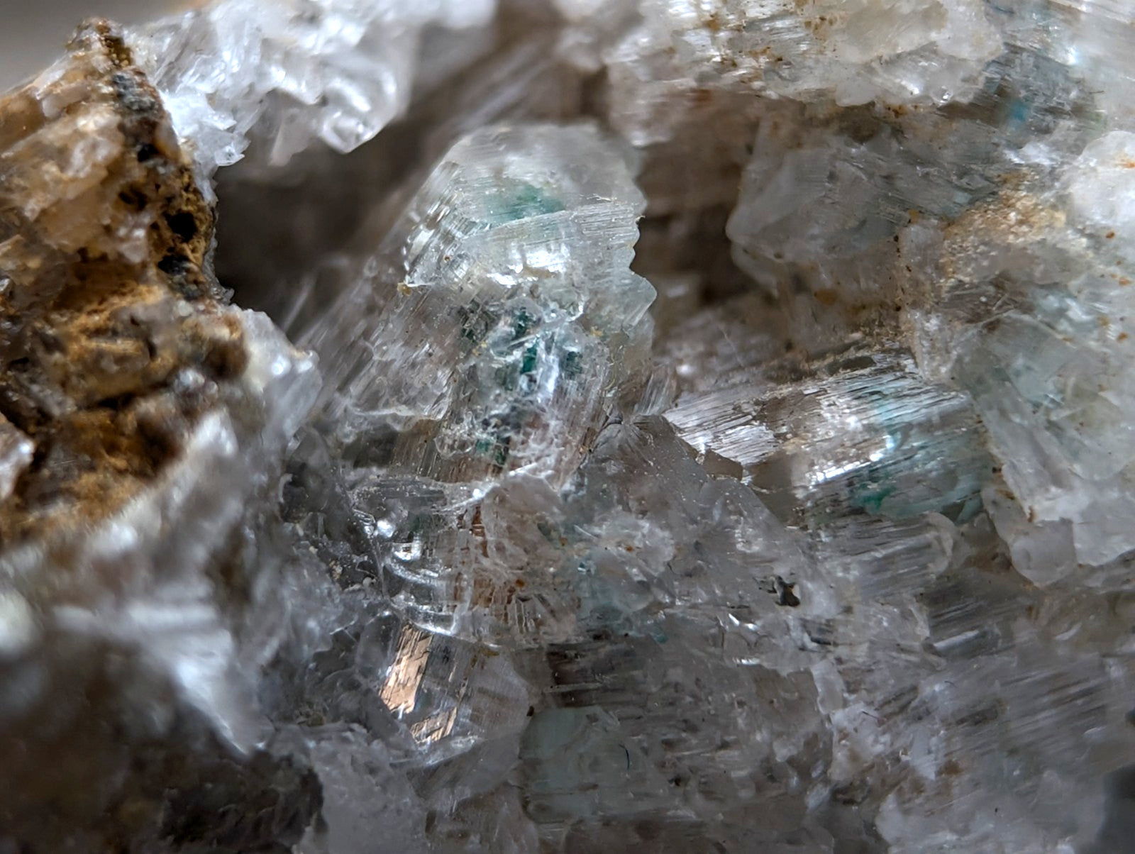 Very rare aurichalcite and selenite crystals with greenish blue inclusions and rough jagged surface from arkansas