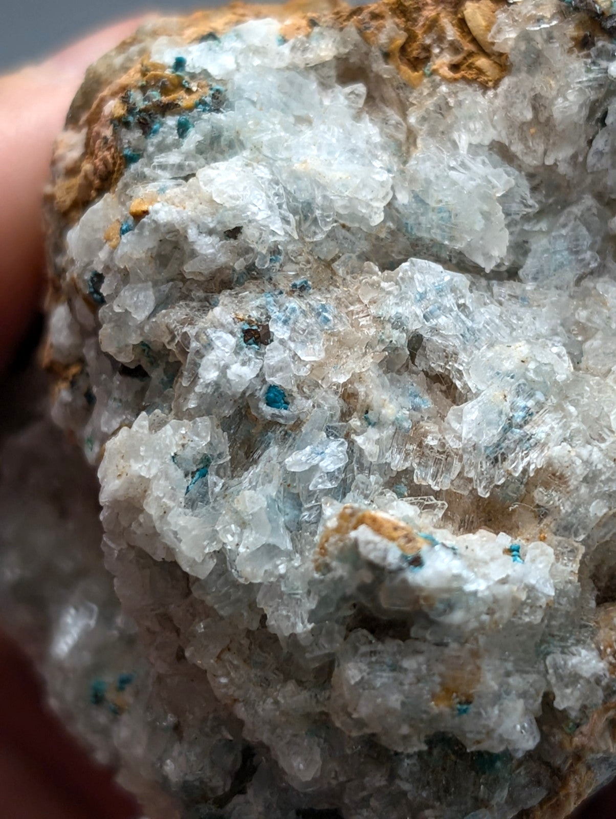Very rare aurichalcite and selenite mineral with translucent crystals and blue green veining from red cloud mine Arkansas