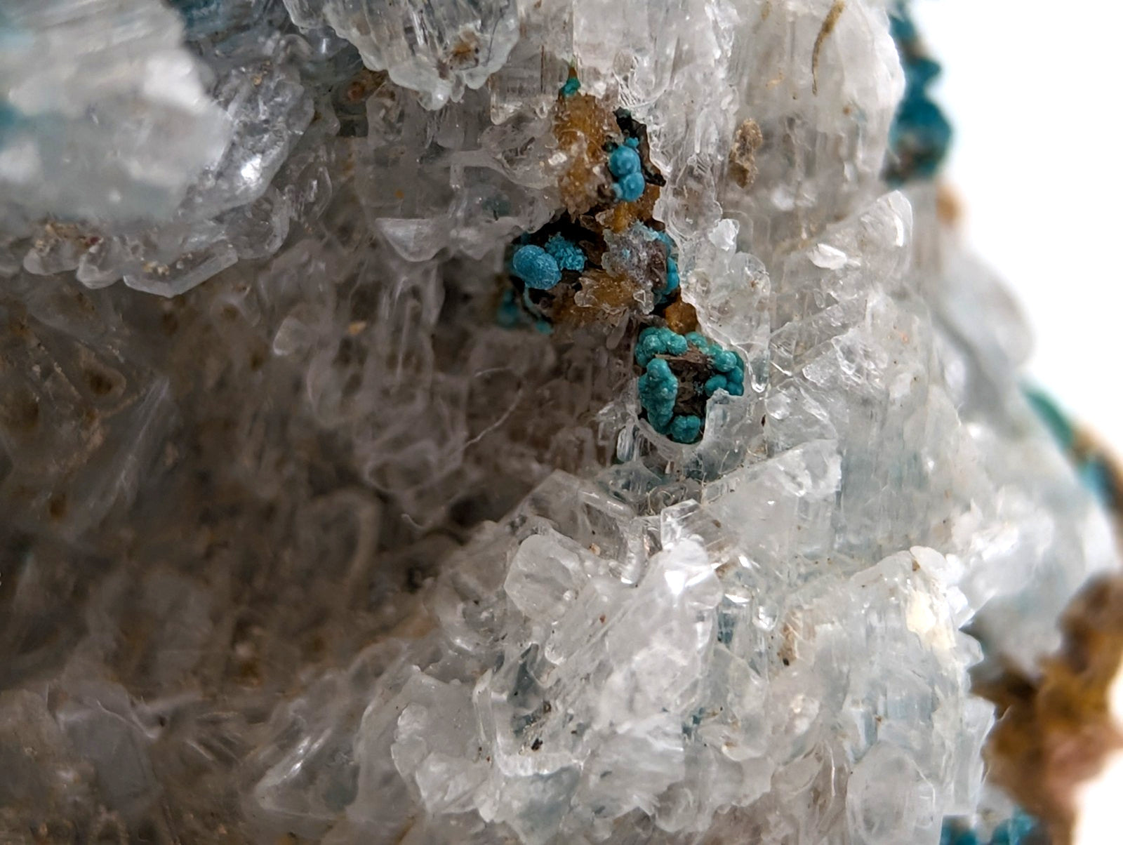 Very rare aurichalcite and selenite mineral with turquoise blue inclusions in clear crystalline form from Arkansas