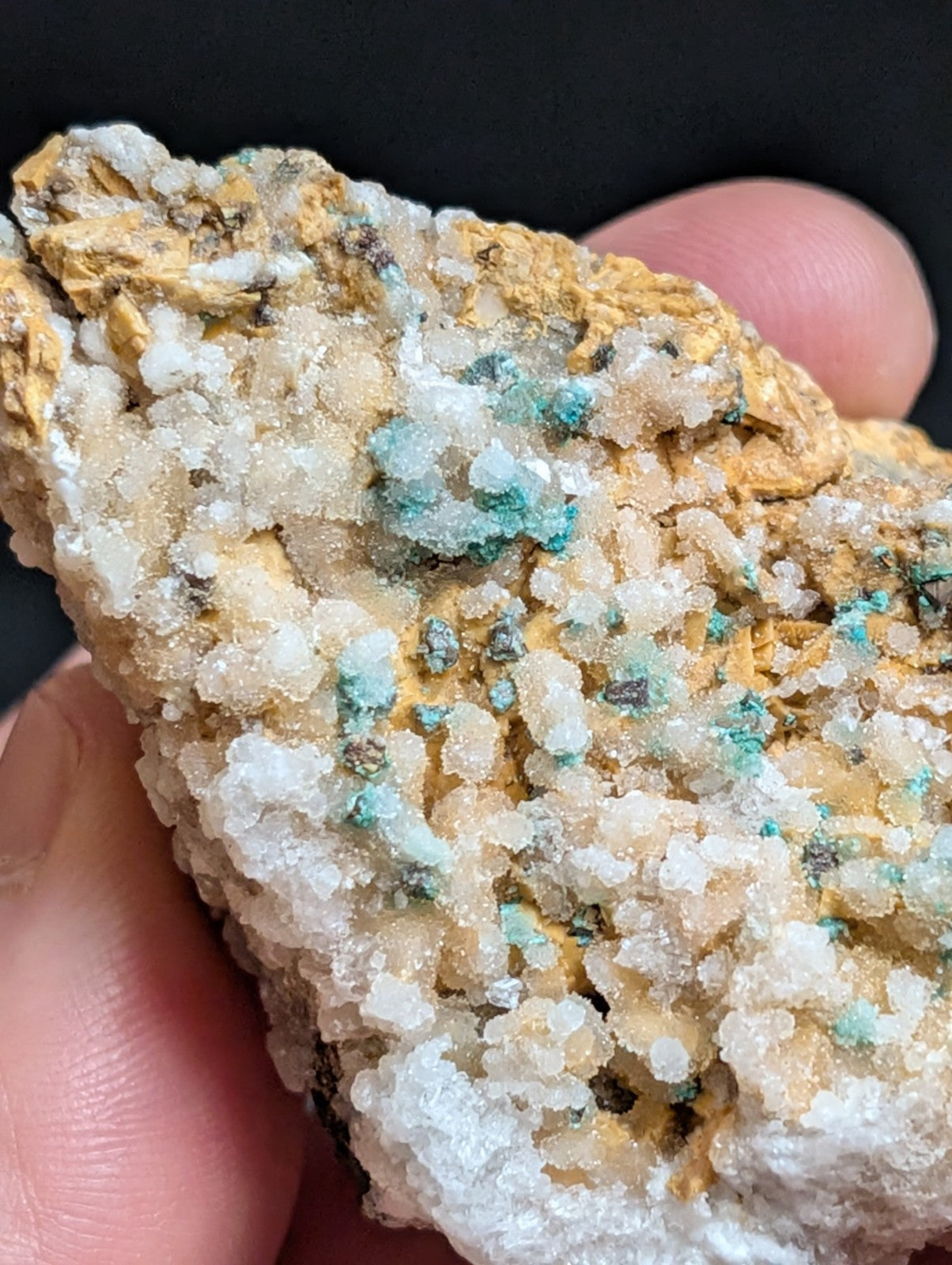 A textured mineral specimen featuring a mix of white crystalline formations, golden-yellow matrix material, and scattered turquoise-green crystals.