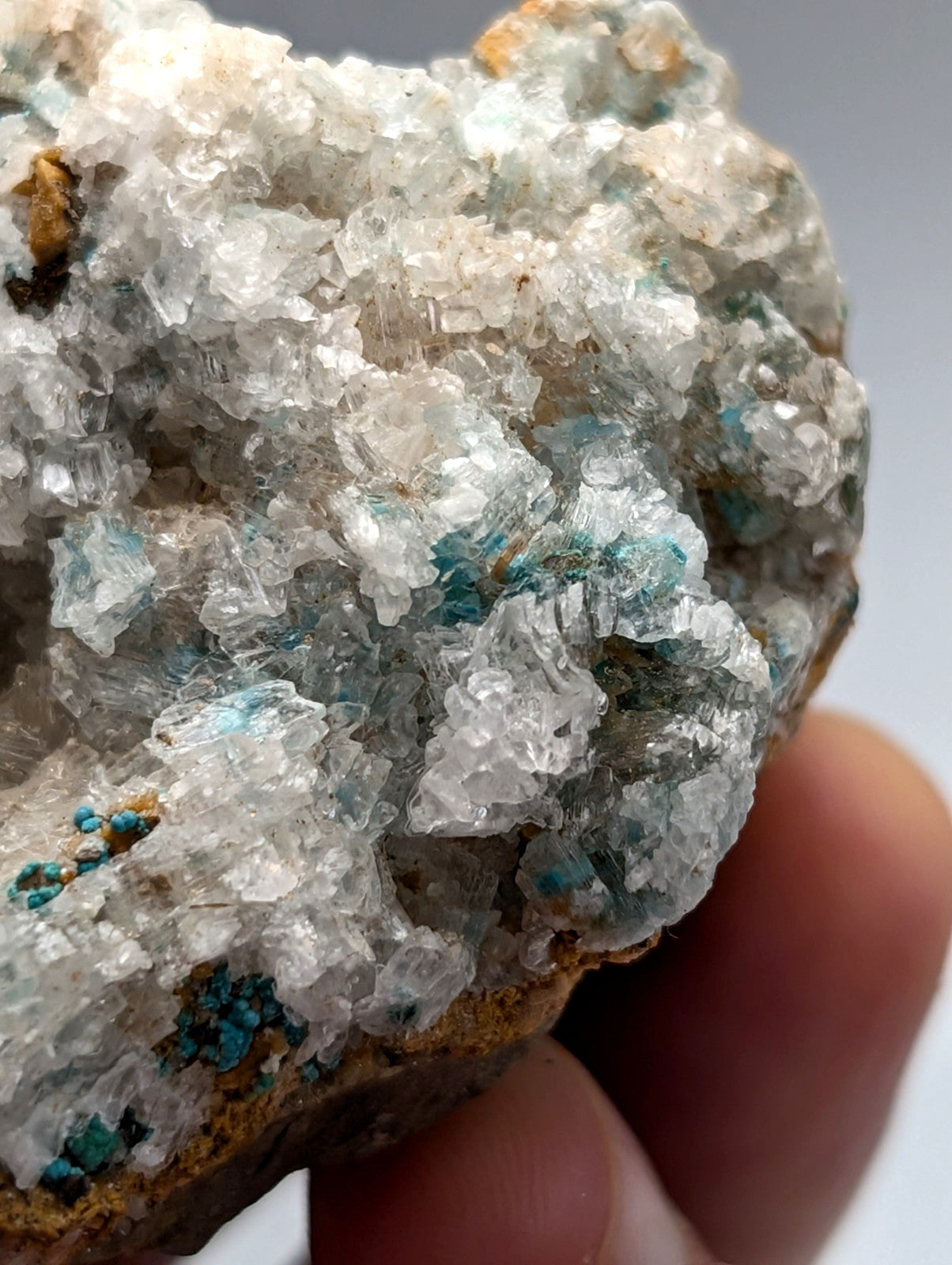 Very rare aurichalcite and selenite specimen with translucent blue and clear crystals from red cloud mine arkansas