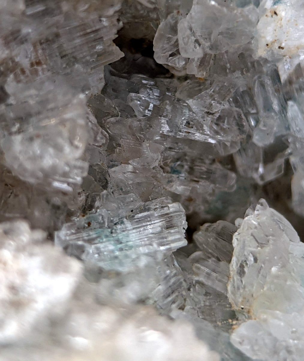 Very rare aurichalcite and selenite crystal formations with jagged edges and blue green tint from red cloud mine arkansas