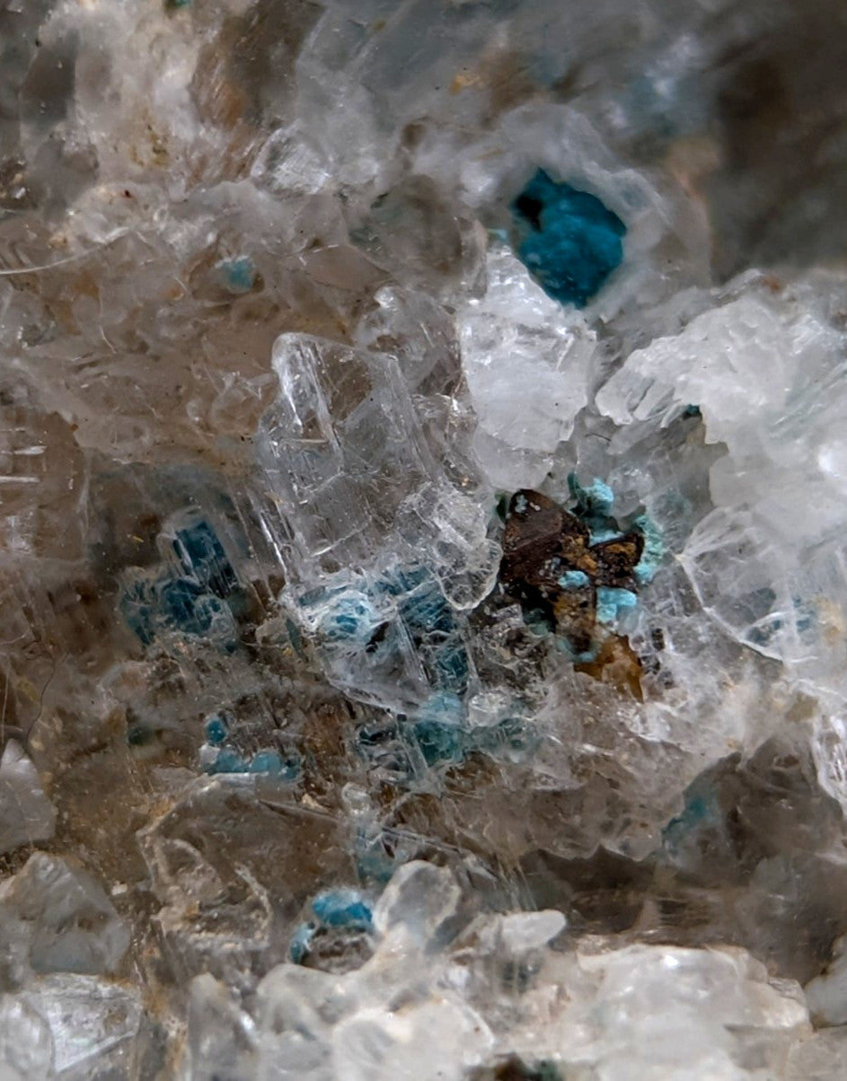 Very rare aurichalcite and selenite quartz crystal cluster with vibrant blue copper mineral inclusions from arkansas