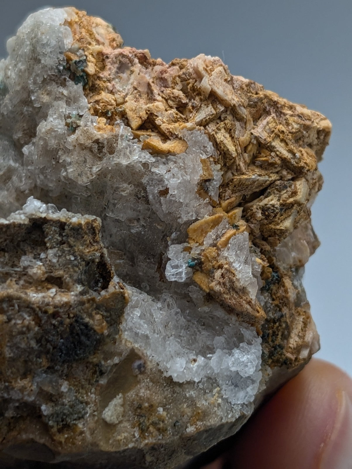 Very rare aurichalcite and selenite mineral specimen with white crystals and golden brown formations from arkansas mine