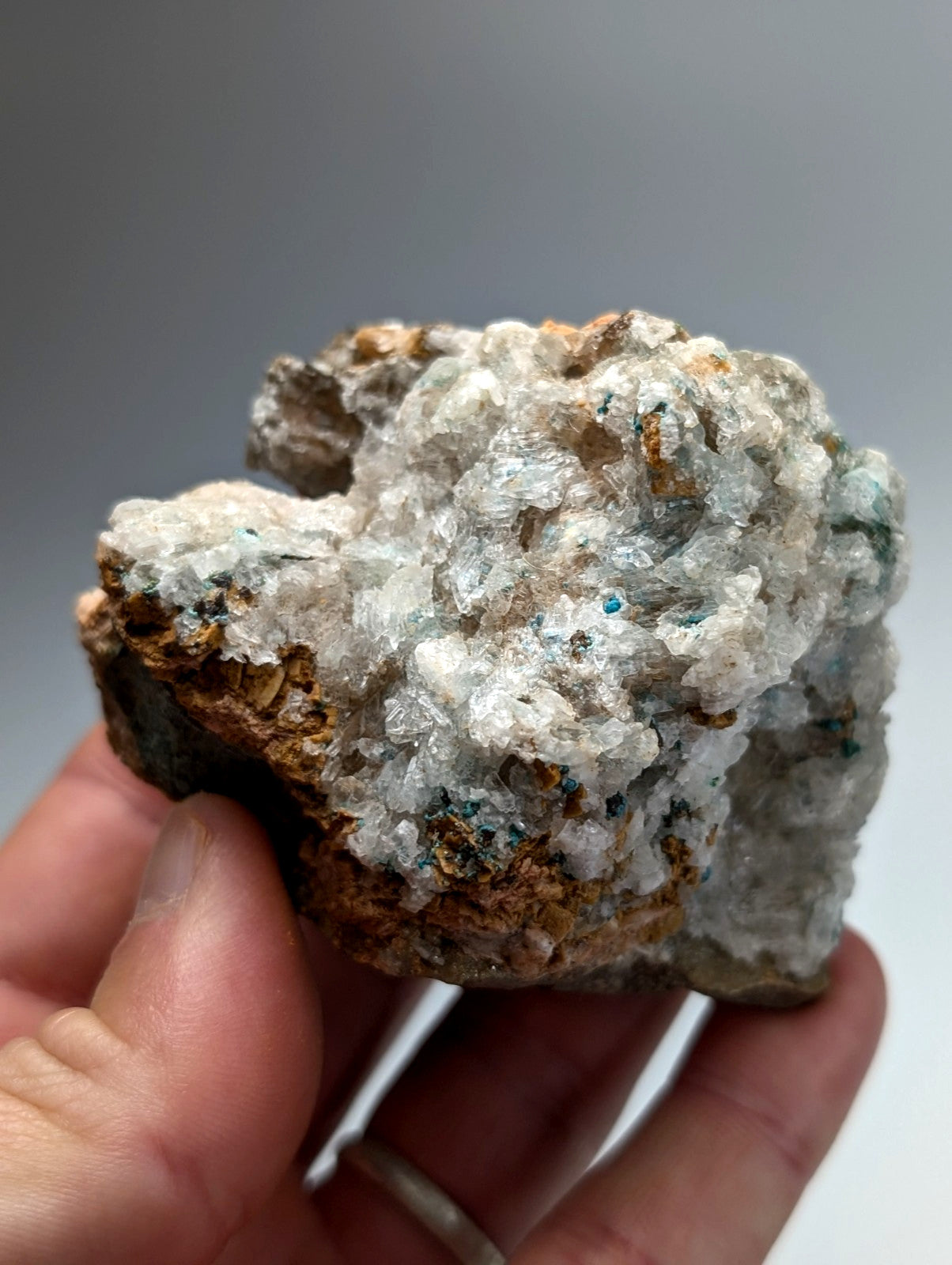 Very rare aurichalcite and selenite quartz crystal cluster with earthy brown and green mineral inclusions from arkansas