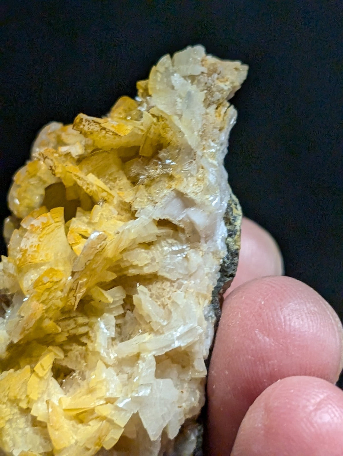 A cluster of translucent yellow and white crystals with sharp, jagged edges.