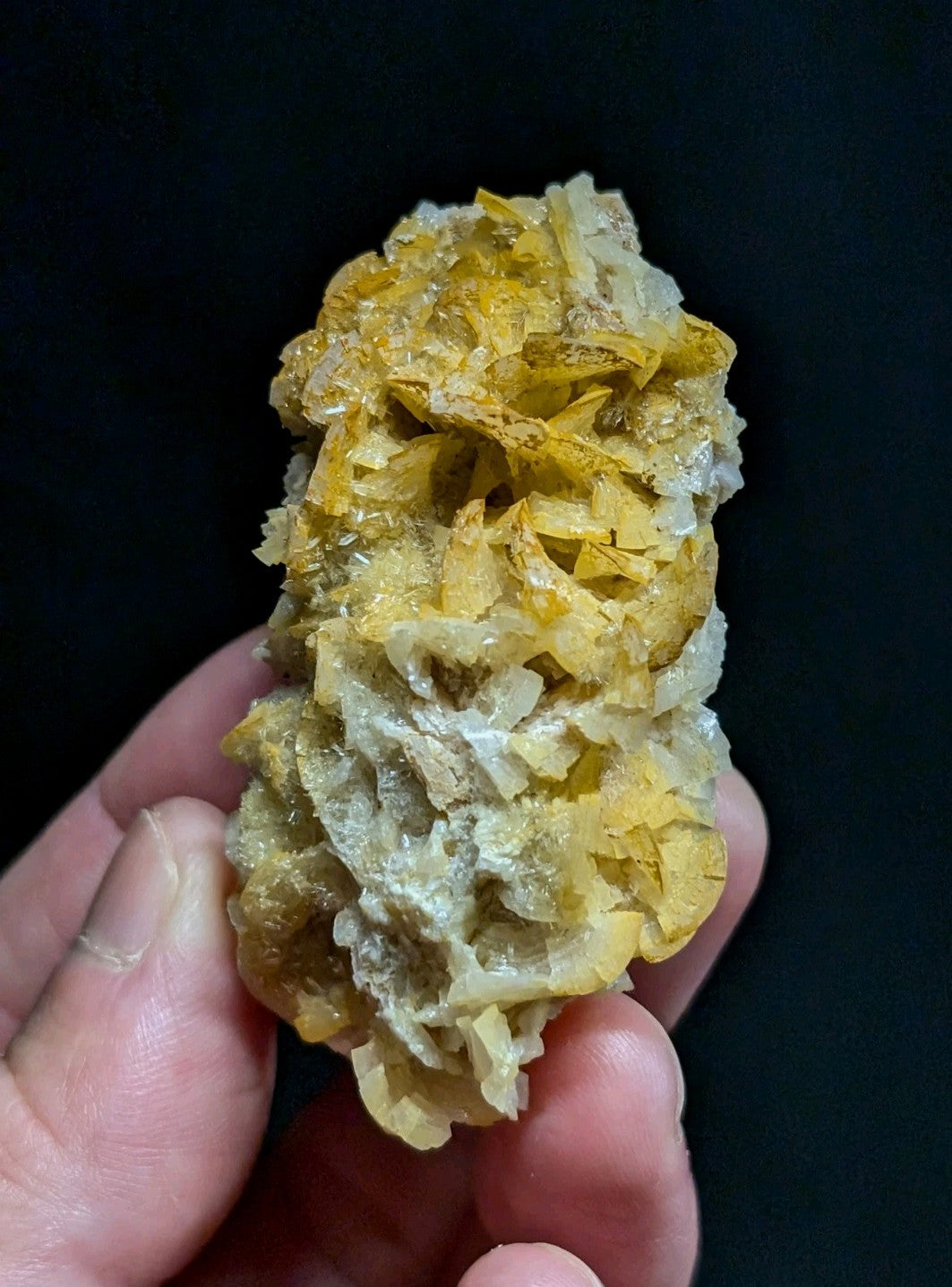 A hand holds a cluster of golden-yellow, translucent crystals with jagged edges and white matrix.