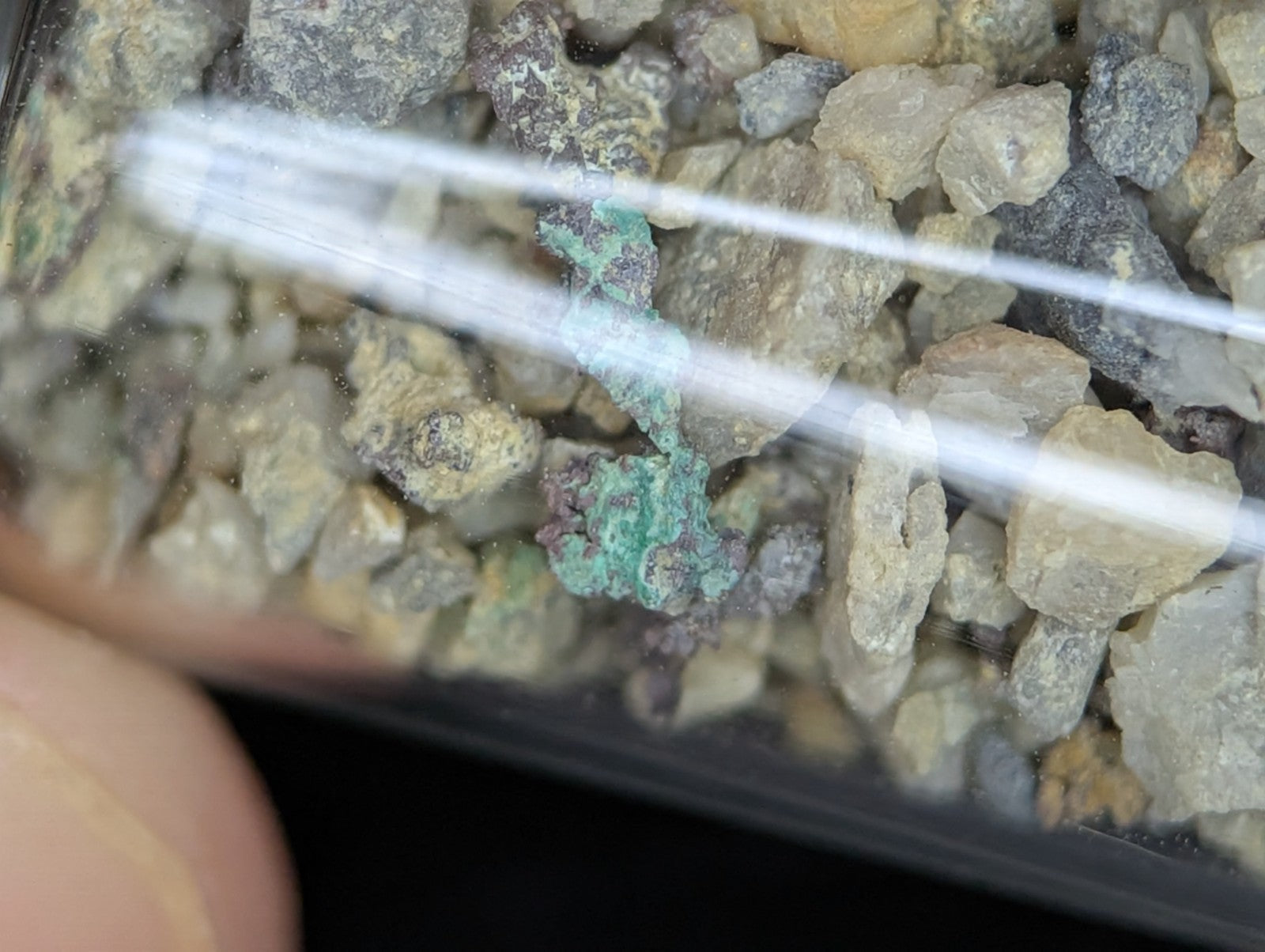 A green patina-coated metallic fragment nestled among gray and beige rock fragments inside a clear plastic container.