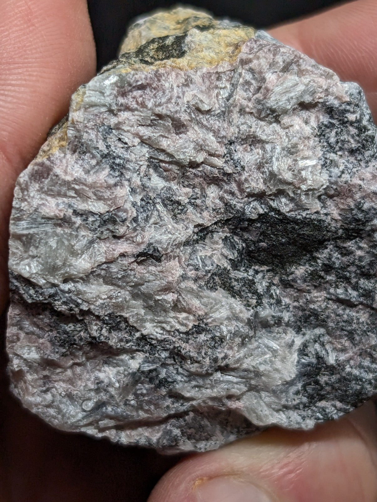 A rugged, irregularly shaped rock with a mottled surface of gray, black, and subtle yellowish patches.