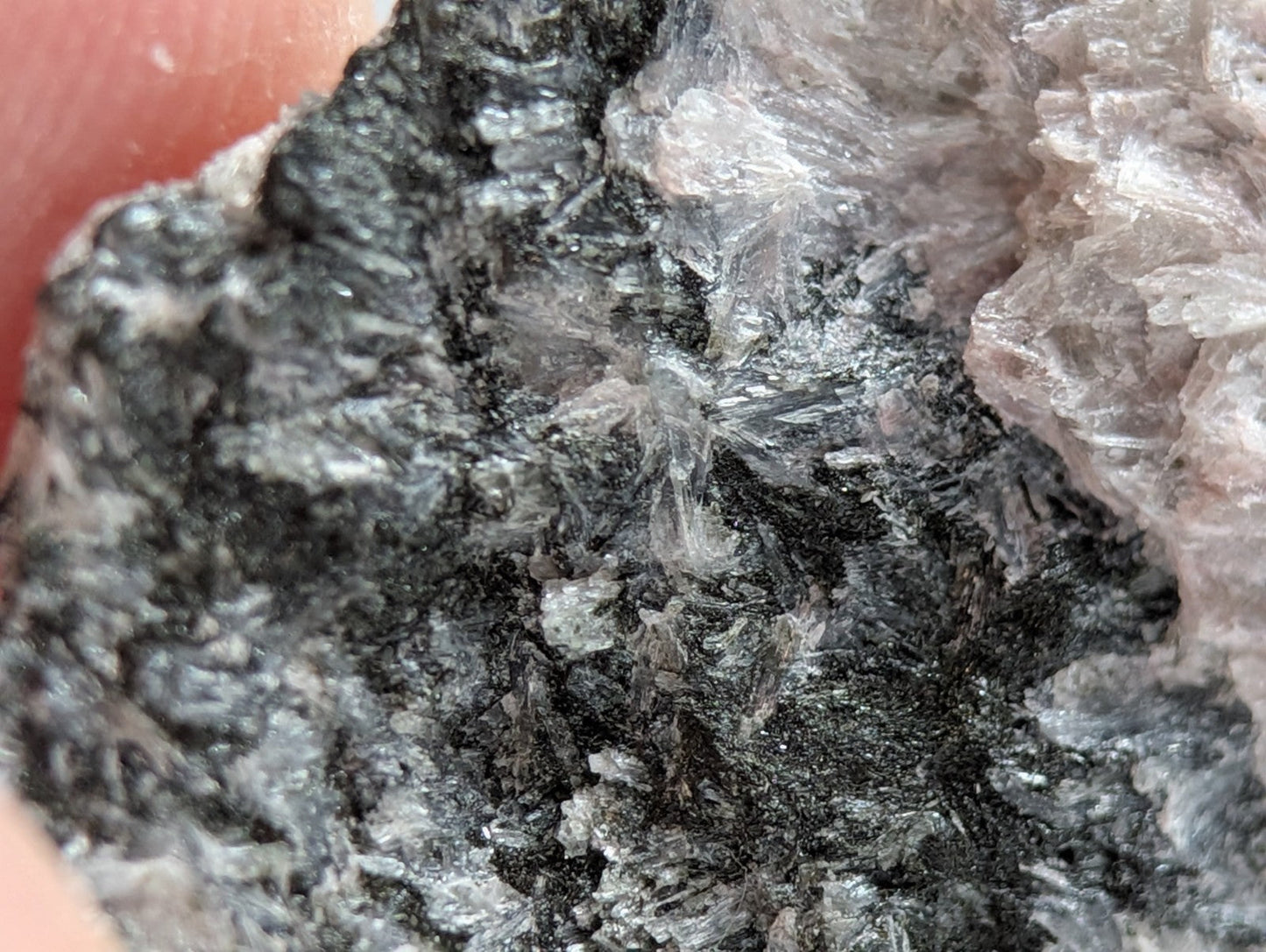 A rough, dark gray mineral specimen with translucent crystalline formations and a matte texture.