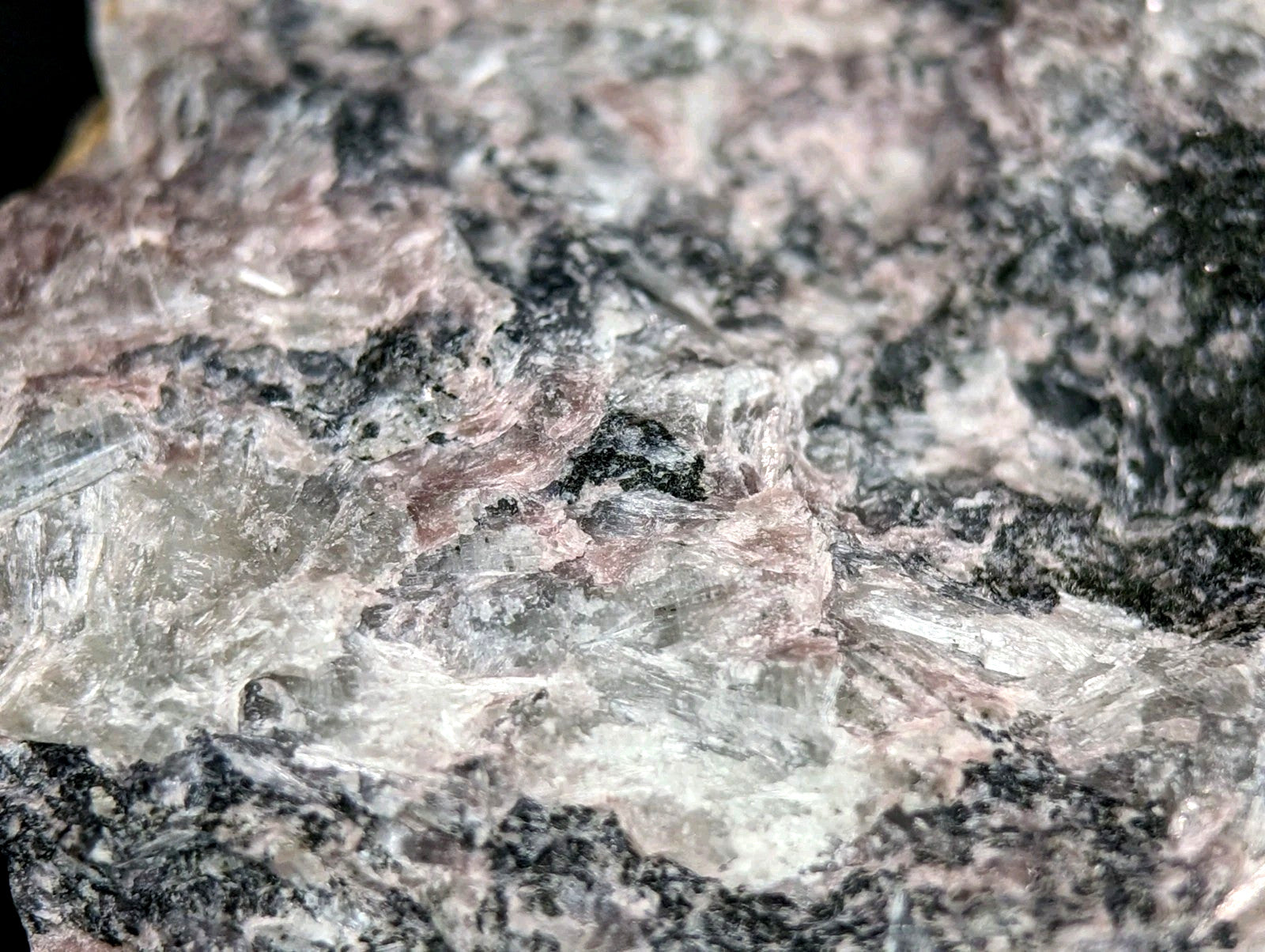 A rugged, naturally occurring rock with a mottled surface of pinkish-gray and black mineral veins.
