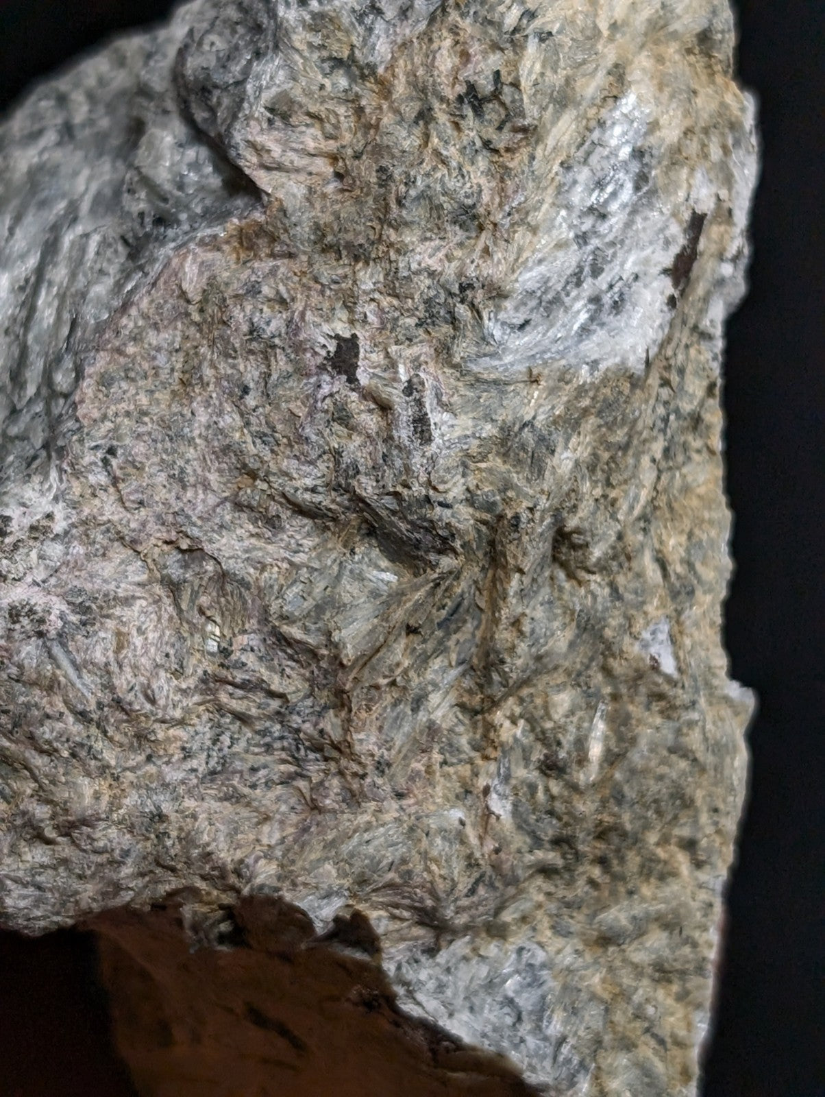 A rugged, grayish-brown rock with a rough, textured surface and visible mineral veins.