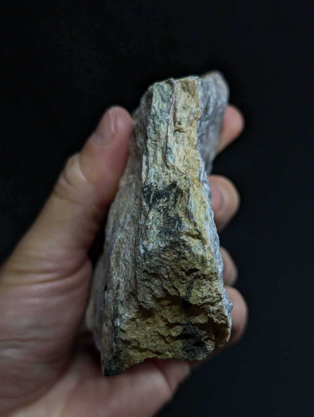 A rough, irregularly shaped rock with a mottled surface of gray, greenish-yellow, and dark patches.