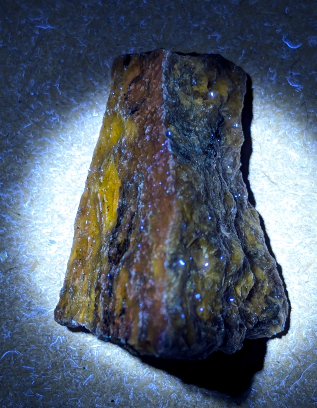 A rugged, naturally occurring mineral specimen with a striking blend of amber yellow and deep brown hues, featuring embedded translucent crystals that catch the light.