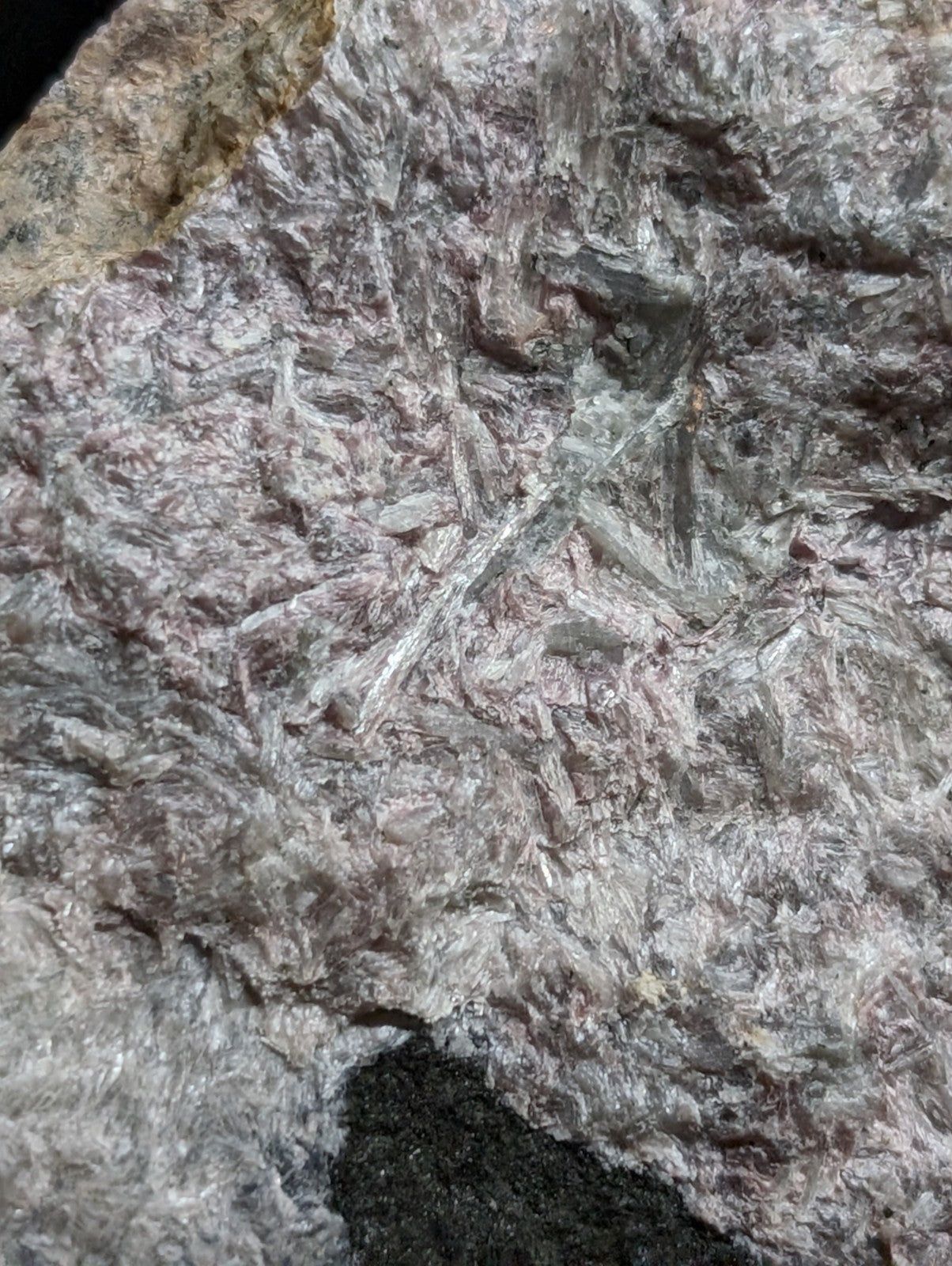 A grayish-white mineral specimen with translucent, needle-like crystals embedded in a rough-textured matrix.