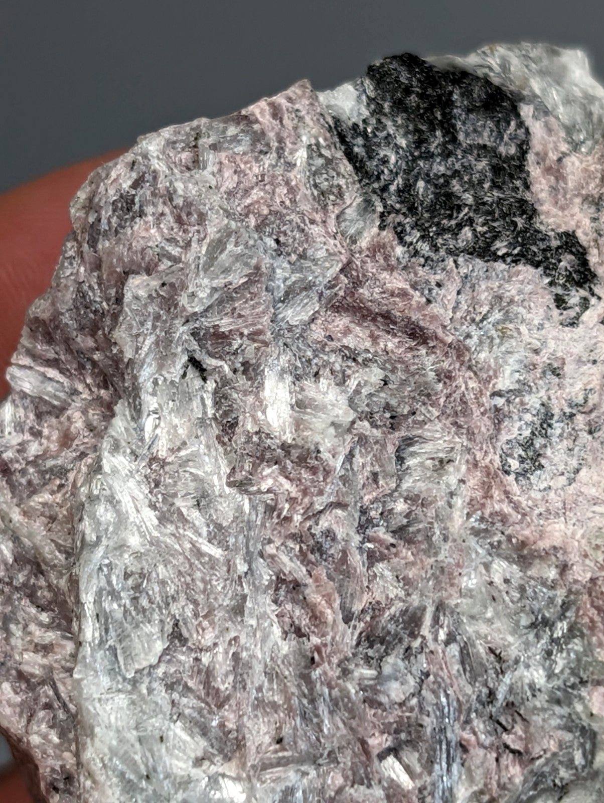 Very rare miserite and wollastonite mineral specimen with silvery-gray and pinkish crystalline textures from Arkansas