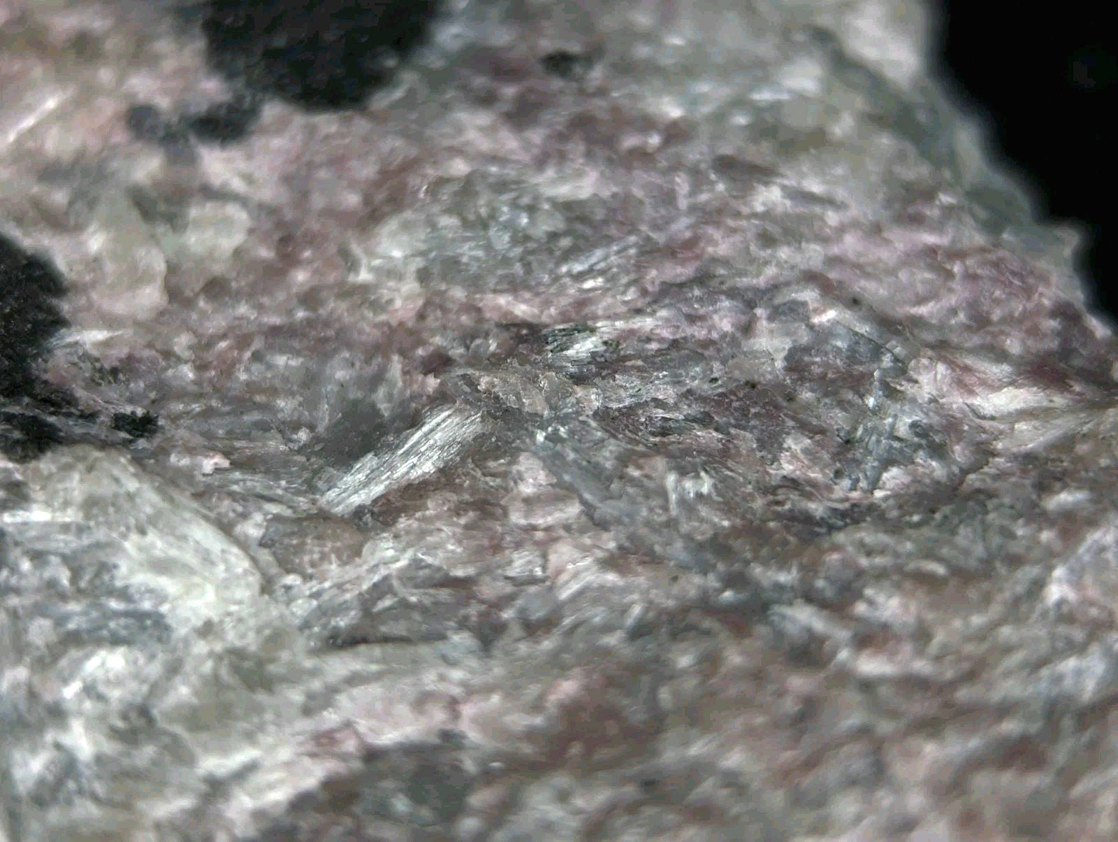 A textured, speckled rock with a mottled pattern of gray, pinkish hues and dark inclusions.