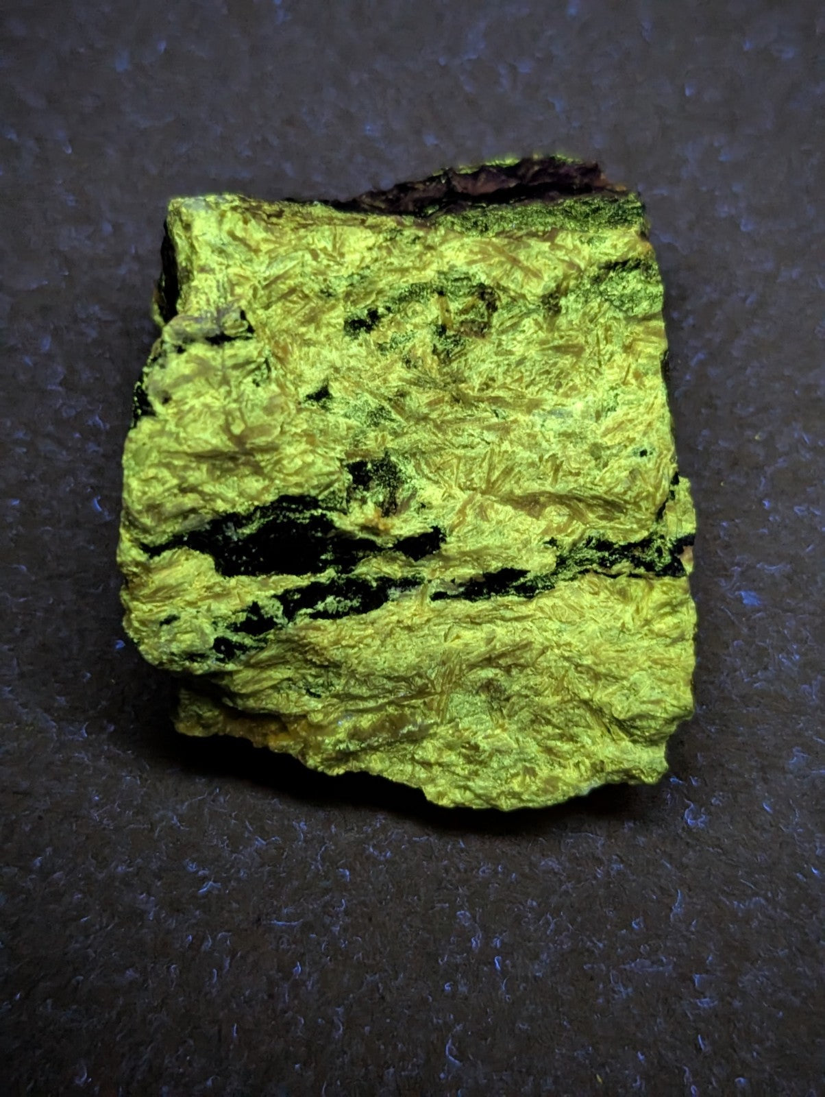 A vibrant, irregularly shaped piece of fluorescent green mineral with dark streaks and a rough, textured surface.