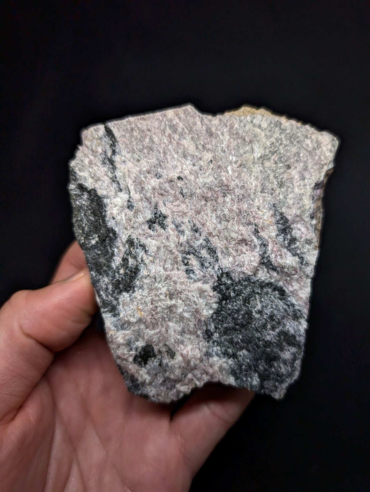 A hand holds a rough, irregularly shaped piece of gray and black speckled rock against a dark background.