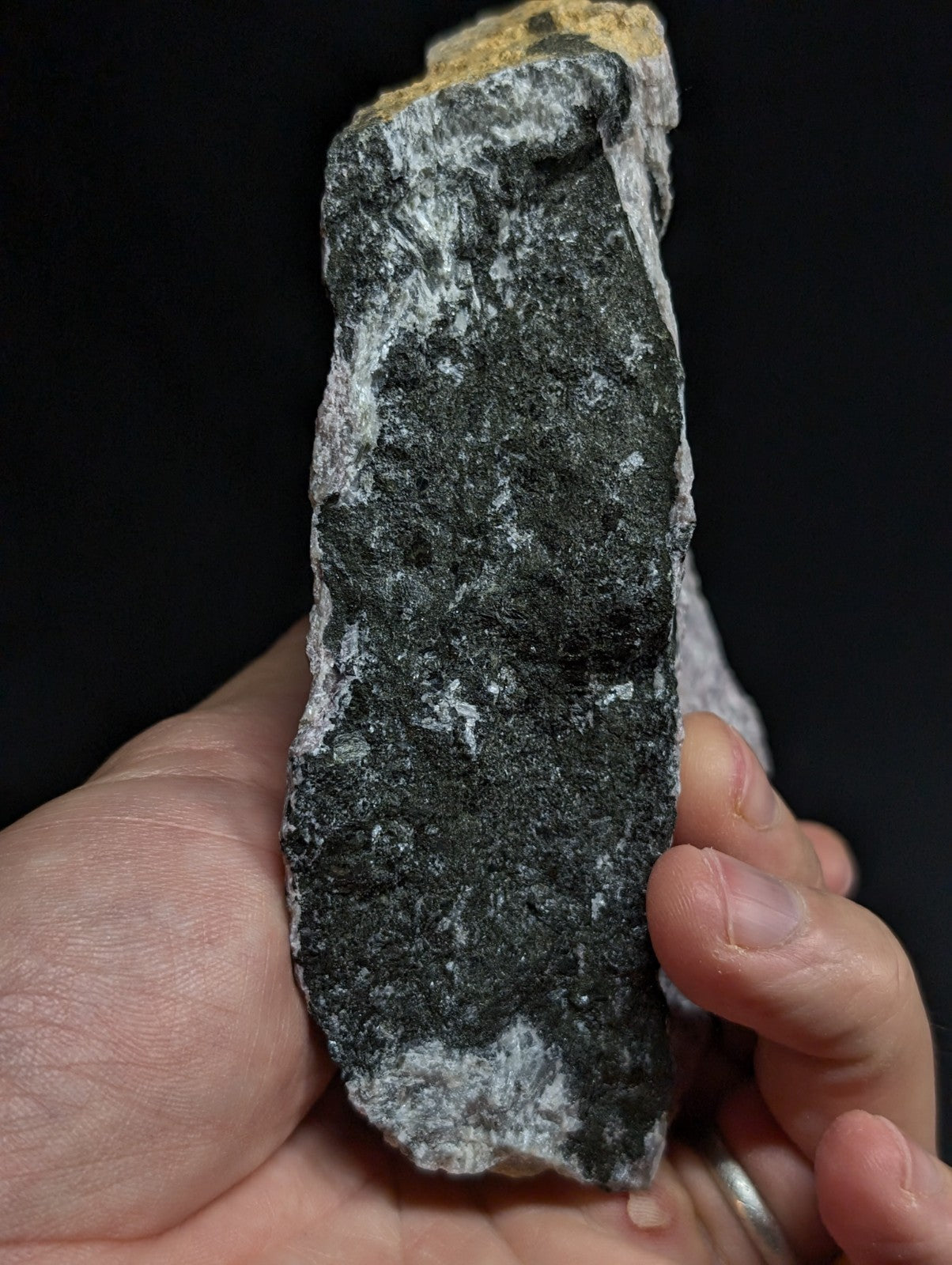 A rugged, dark gray rock with a rough texture and lighter speckles.