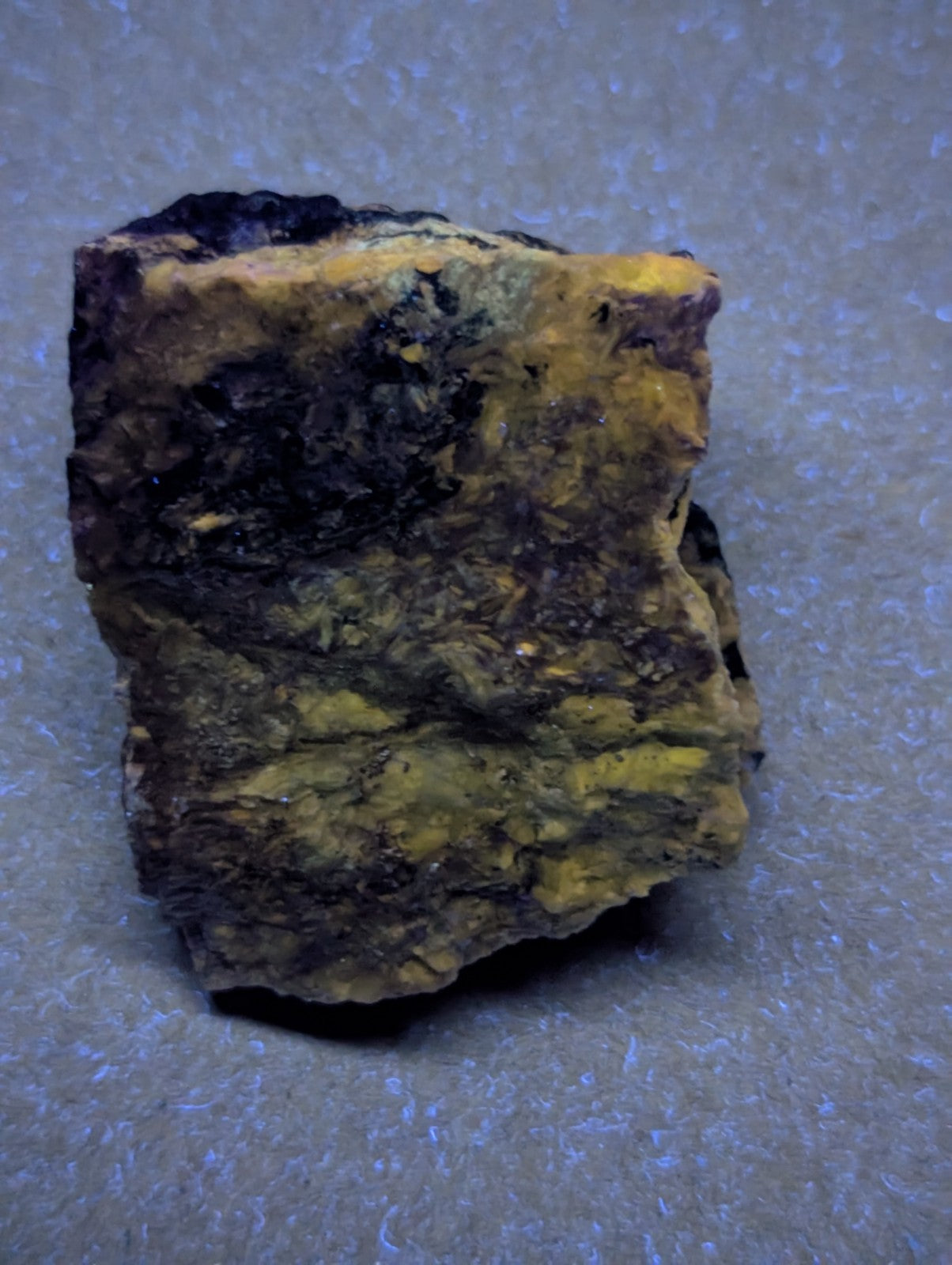 A rugged, irregularly shaped piece of tiger eye stone with a striking pattern of golden-yellow and dark brown bands.