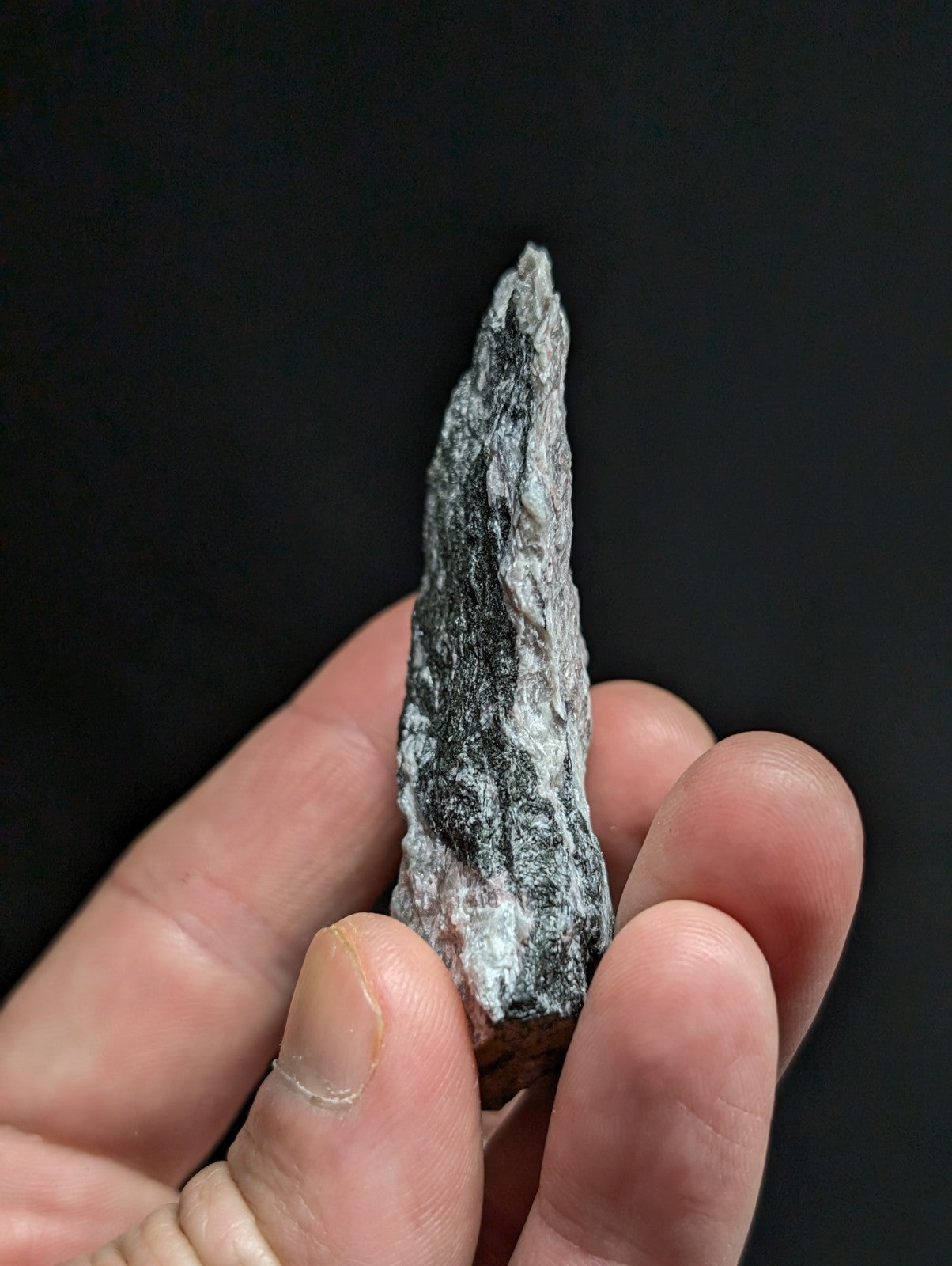 A hand holds a dark gray, jagged stone with lighter speckles and rough texture.