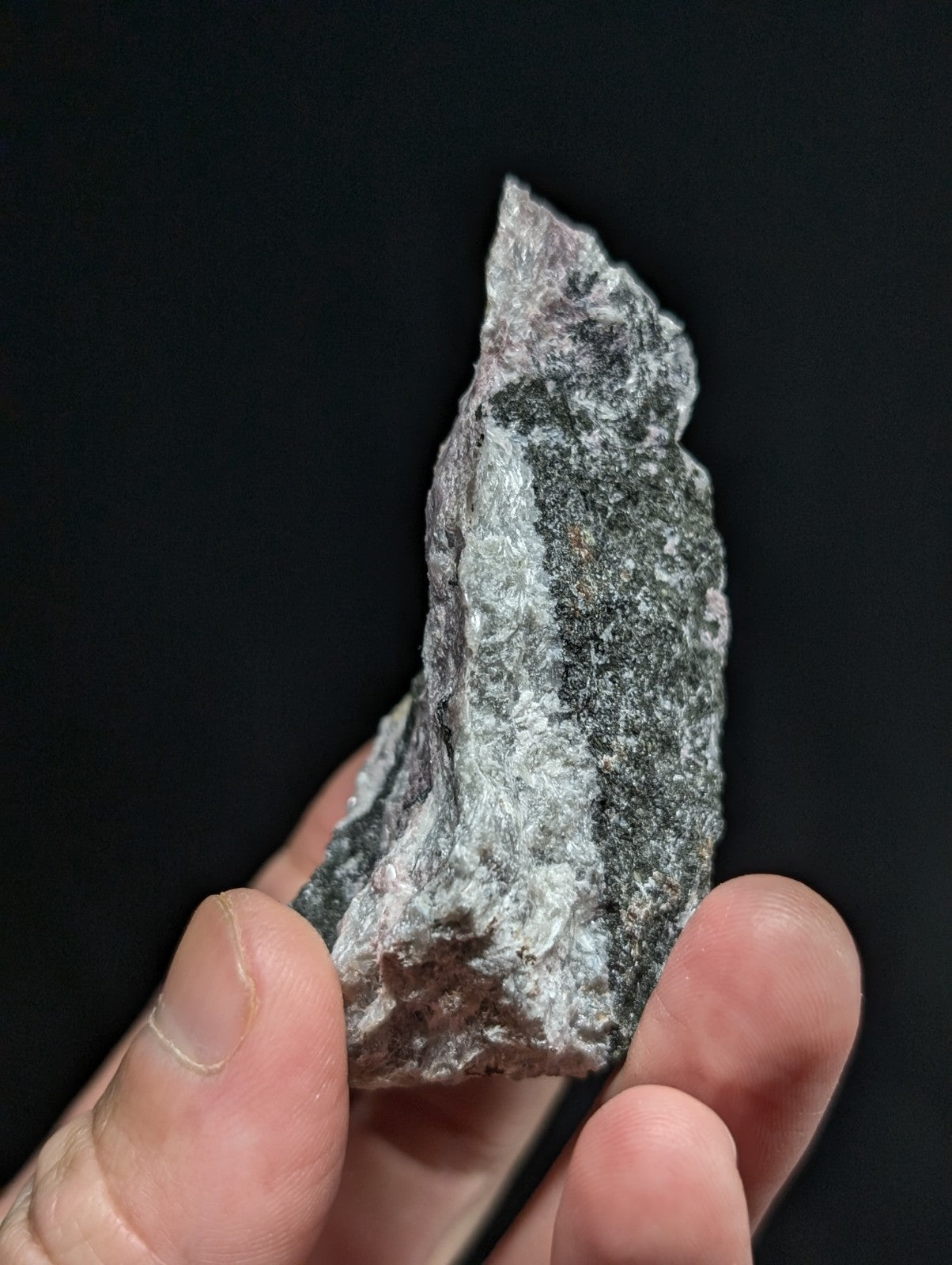 A rough, irregularly shaped gray rock with speckled black and white mineral veins.