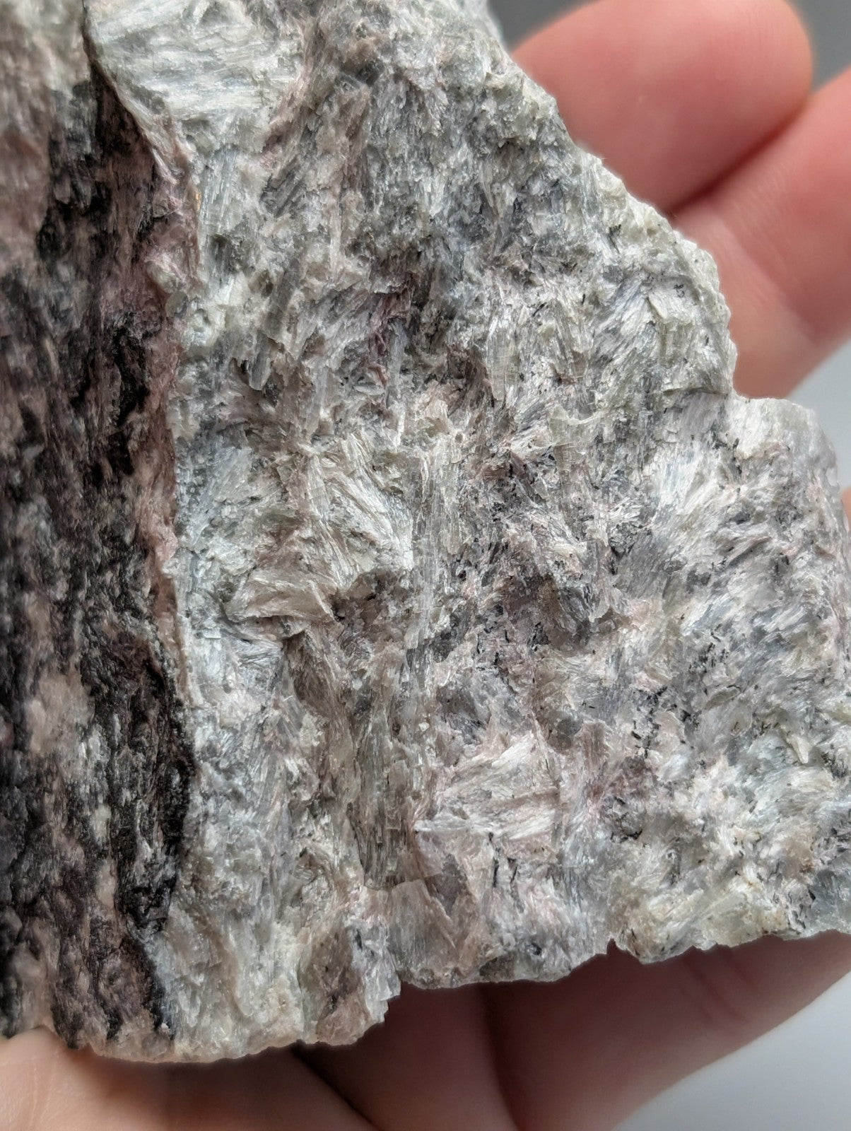 A hand holds a rough gray granite piece with crystalline textures and dark veining from Wilson Springs Arkansas