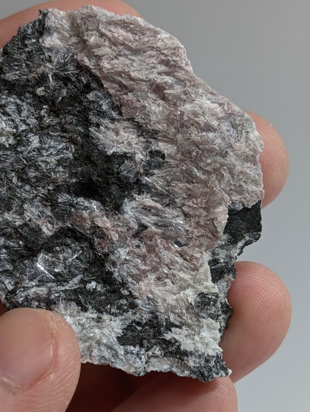 A rough, irregularly shaped mineral specimen with a mottled pattern of black and white crystalline textures.