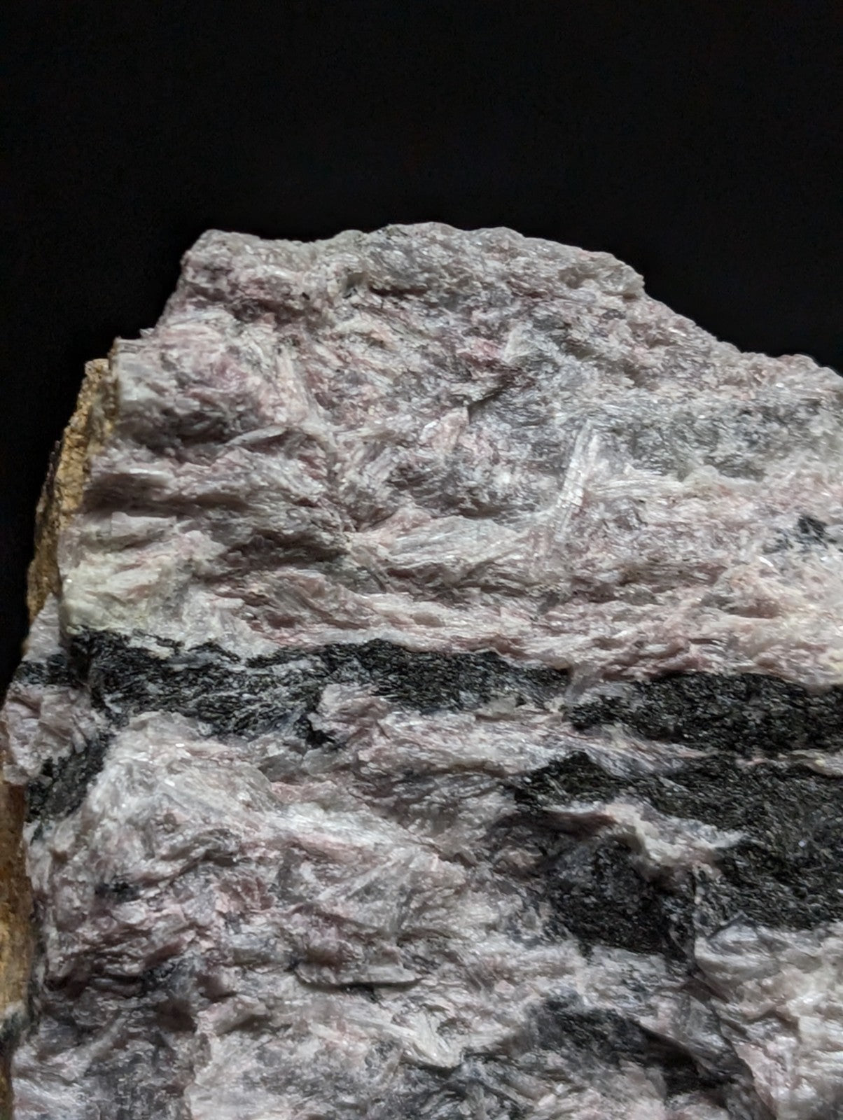 A rugged, layered rock specimen with a mottled pink and gray surface accented by dark black streaks.
