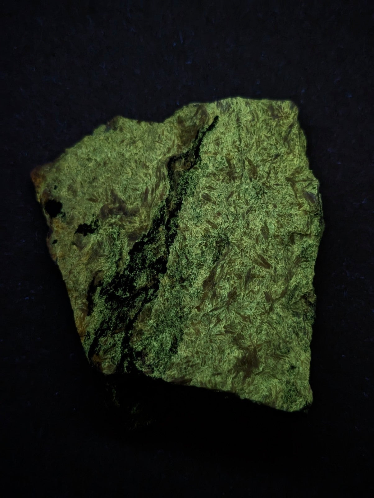 A rough, irregularly shaped piece of greenish mineral with a textured surface and dark veining.