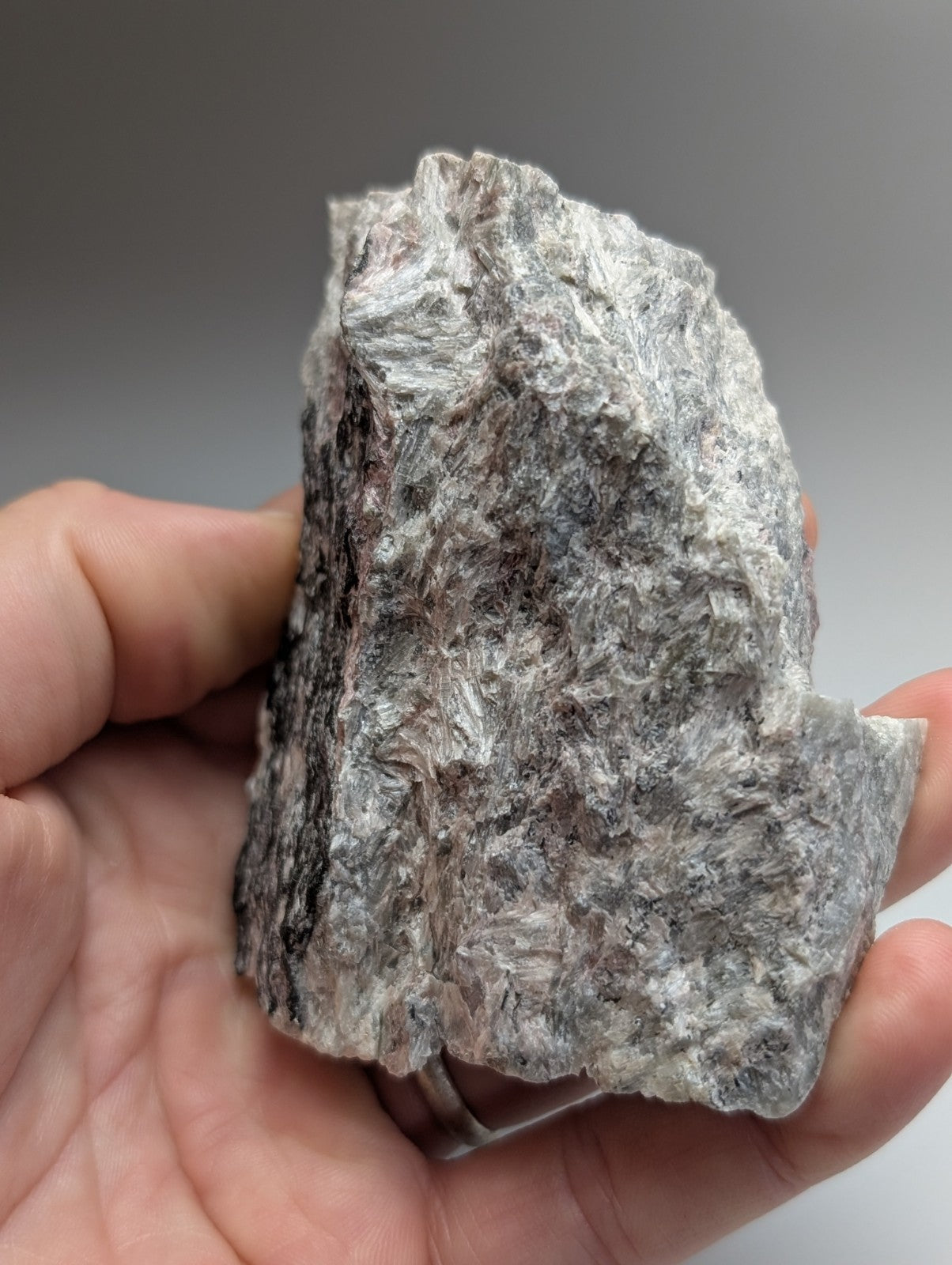 A very rare miserite and wollastonite rock from wilson springs arkansas with a rough gray mottled texture and dark streaks