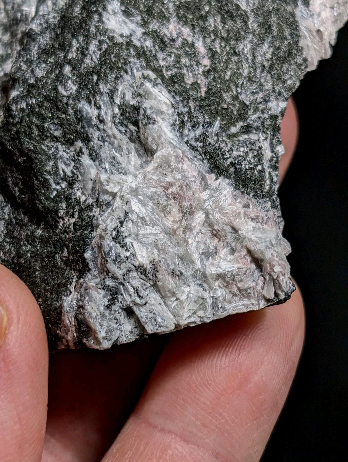 A hand holds a rough, dark gray rock with prominent white crystalline formations.