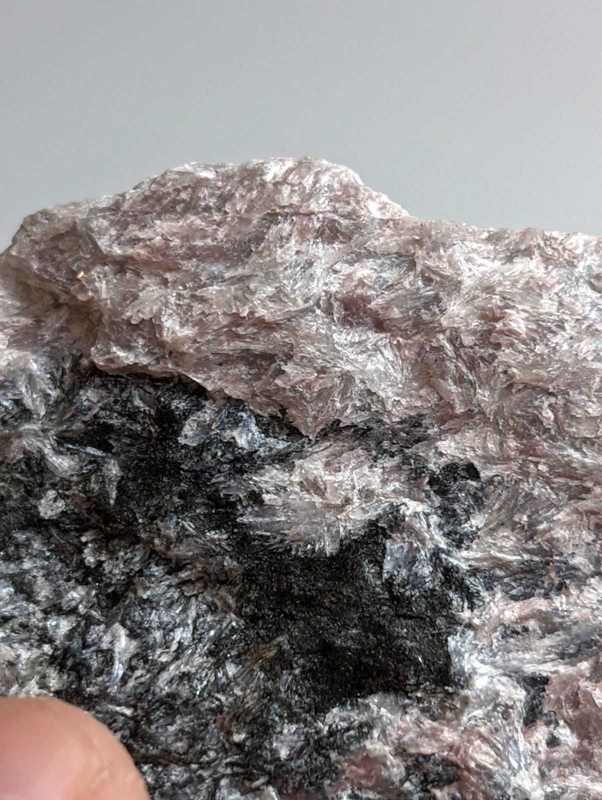 A rough, textured mineral specimen with a shimmering pinkish-gray upper surface and dark black crystalline formations below.