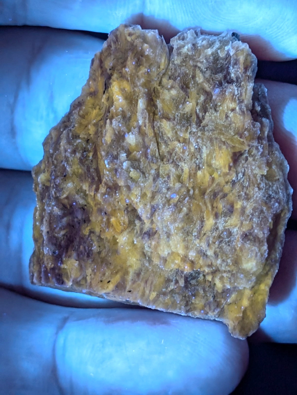 A rough, irregularly shaped yellow and brown mineral specimen with a textured surface.