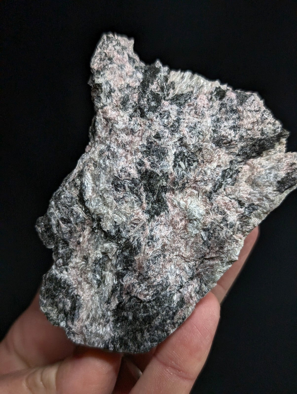 A rough, irregularly shaped rock with a speckled pattern of gray, black, and pinkish hues.