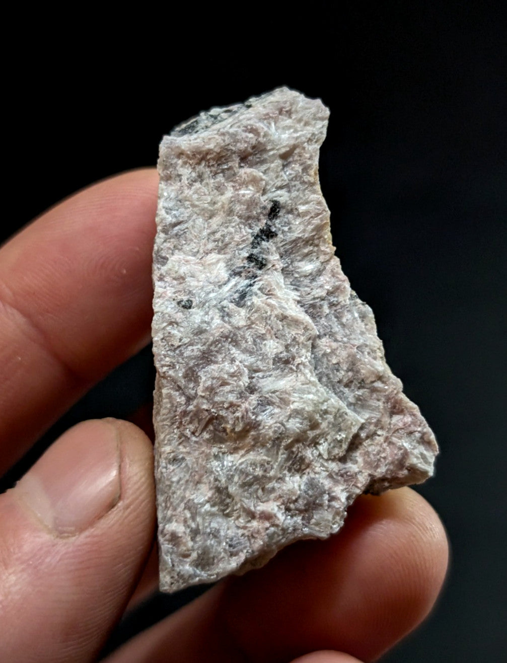 A rough, irregularly shaped gray rock fragment with a textured surface and subtle darker veining.