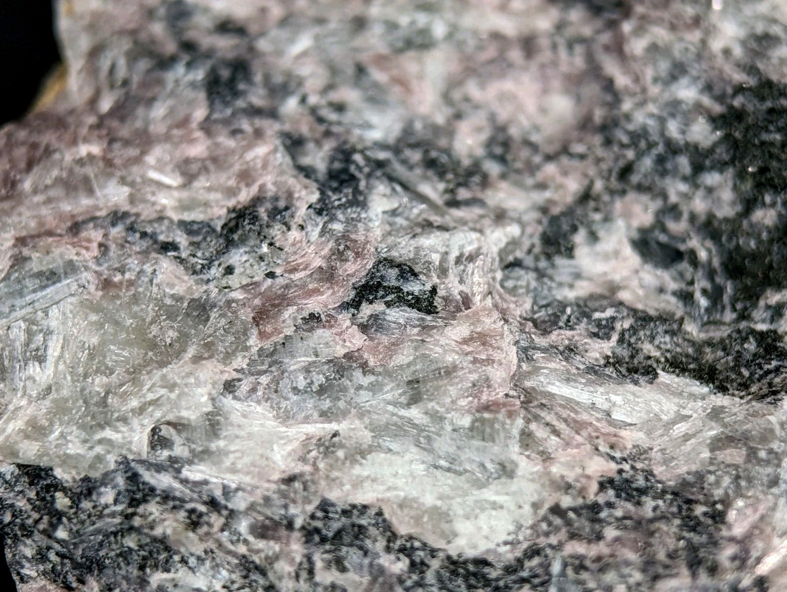 A rugged, naturally occurring rock with a mottled surface of pinkish-gray and black mineral veins.