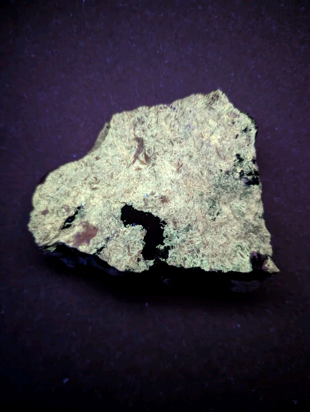 A rough, irregularly shaped piece of greenish-gray rock with dark patches and a textured surface.