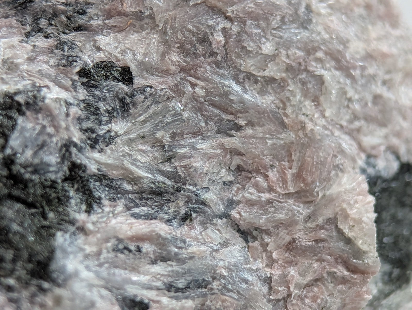 A rough, textured mineral specimen with a mottled pink and gray surface featuring dark inclusions.