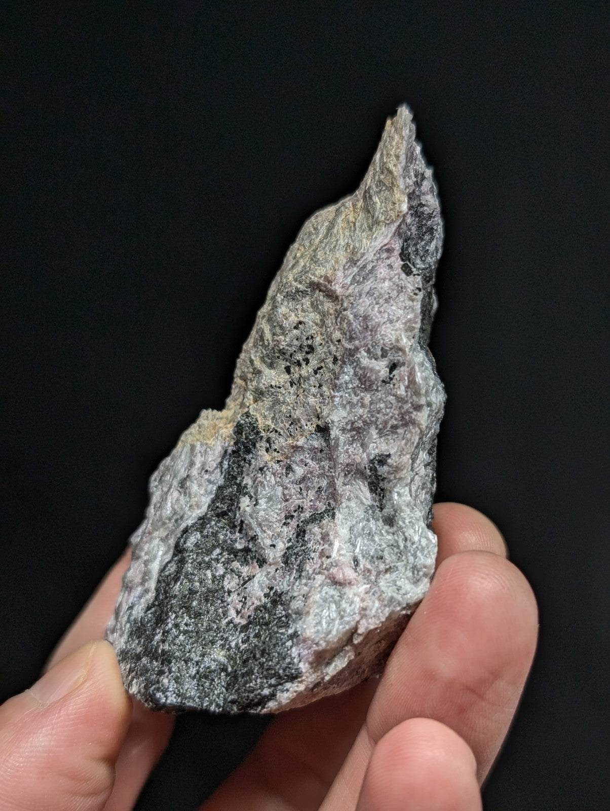 A rough, irregularly shaped stone with a mix of gray and black speckled patterns held in someone’s hand.