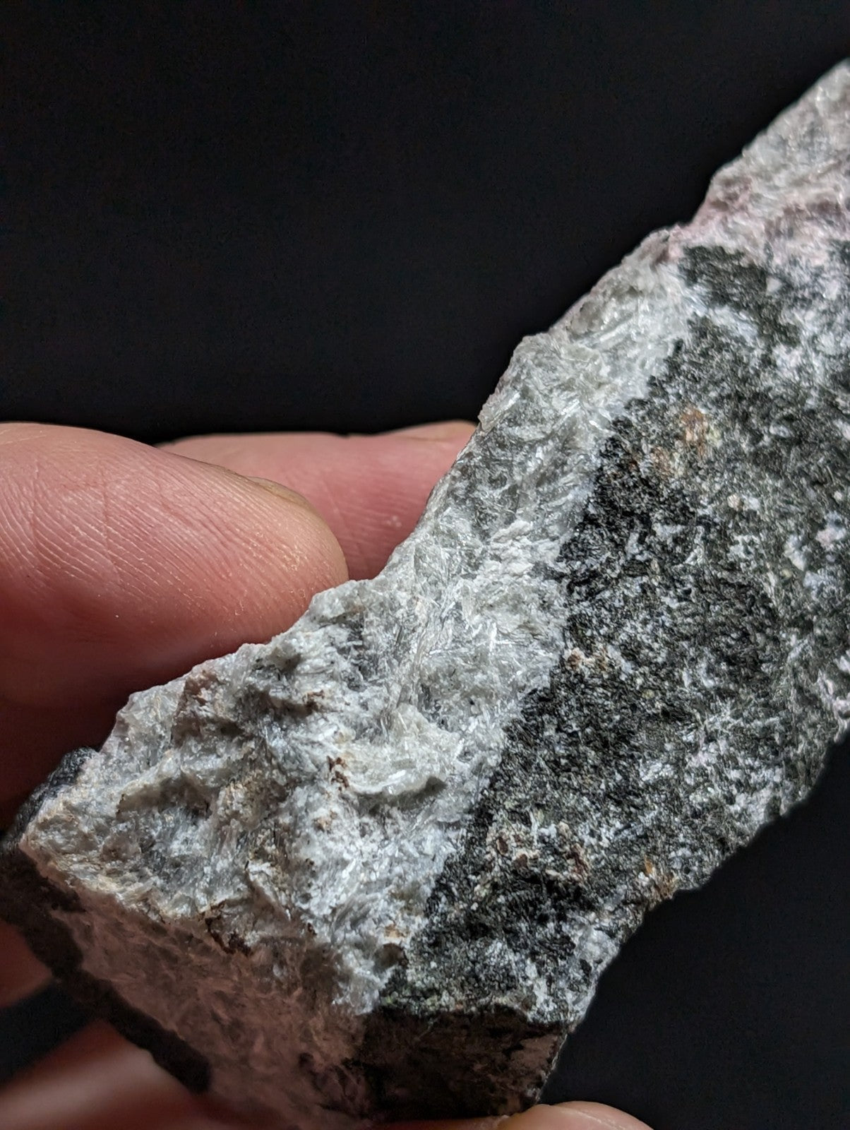 A rugged, irregularly shaped rock with a mottled gray and black surface texture.