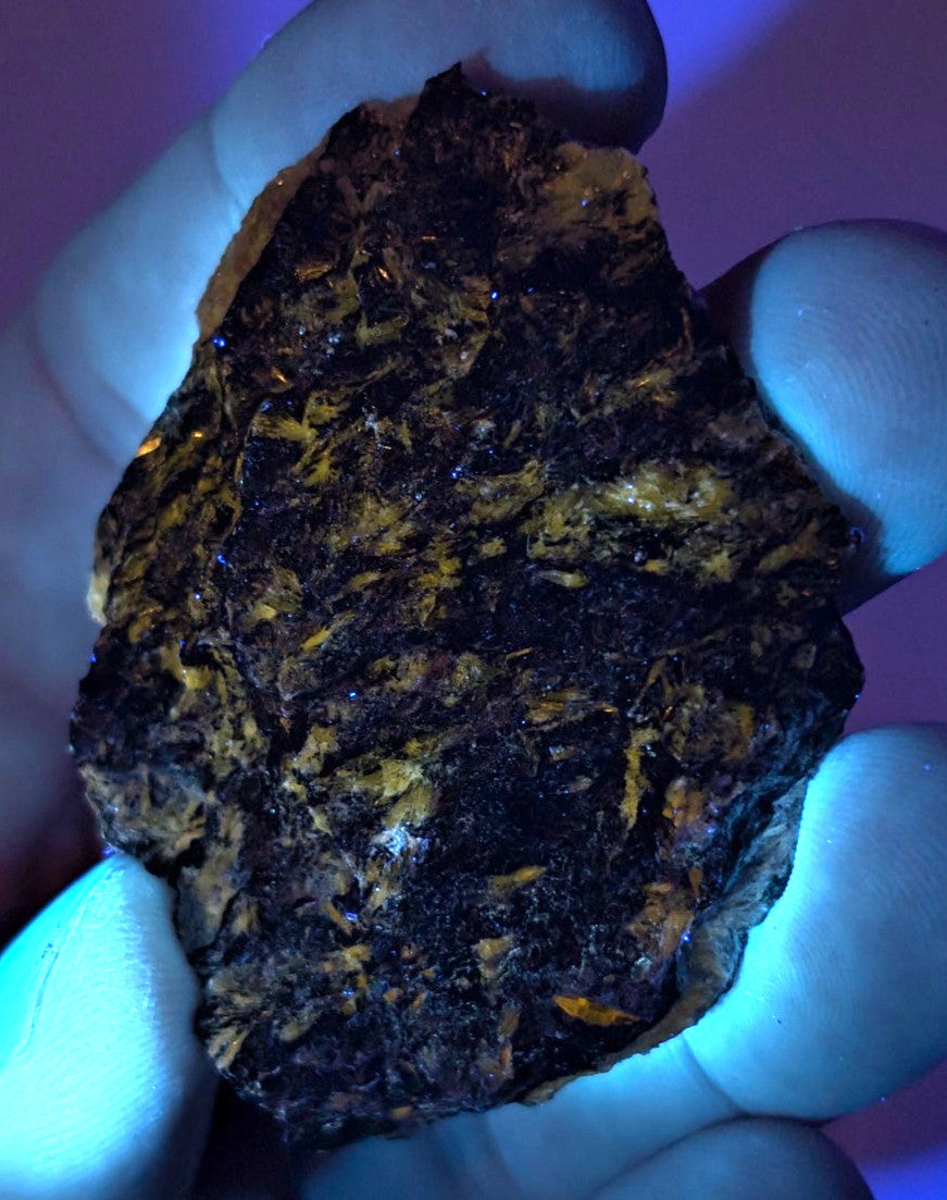 A rugged, irregularly shaped piece of dark mineral with golden-yellow inclusions and a rough, textured surface.