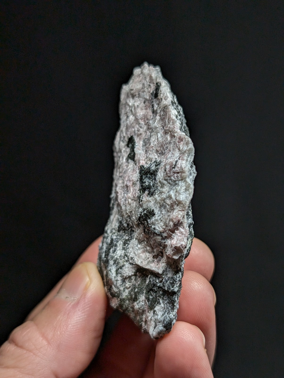A rough, irregularly shaped gray and black speckled rock held in a hand.