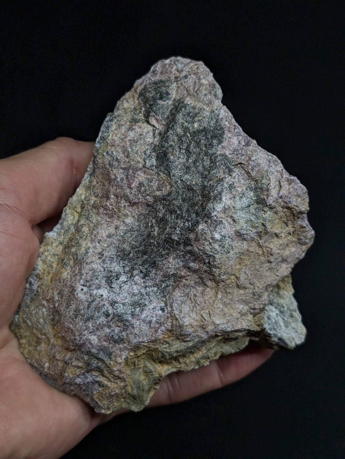 A rugged, irregularly shaped rock with a mottled surface of gray, greenish-gray, and faint yellow tones.
