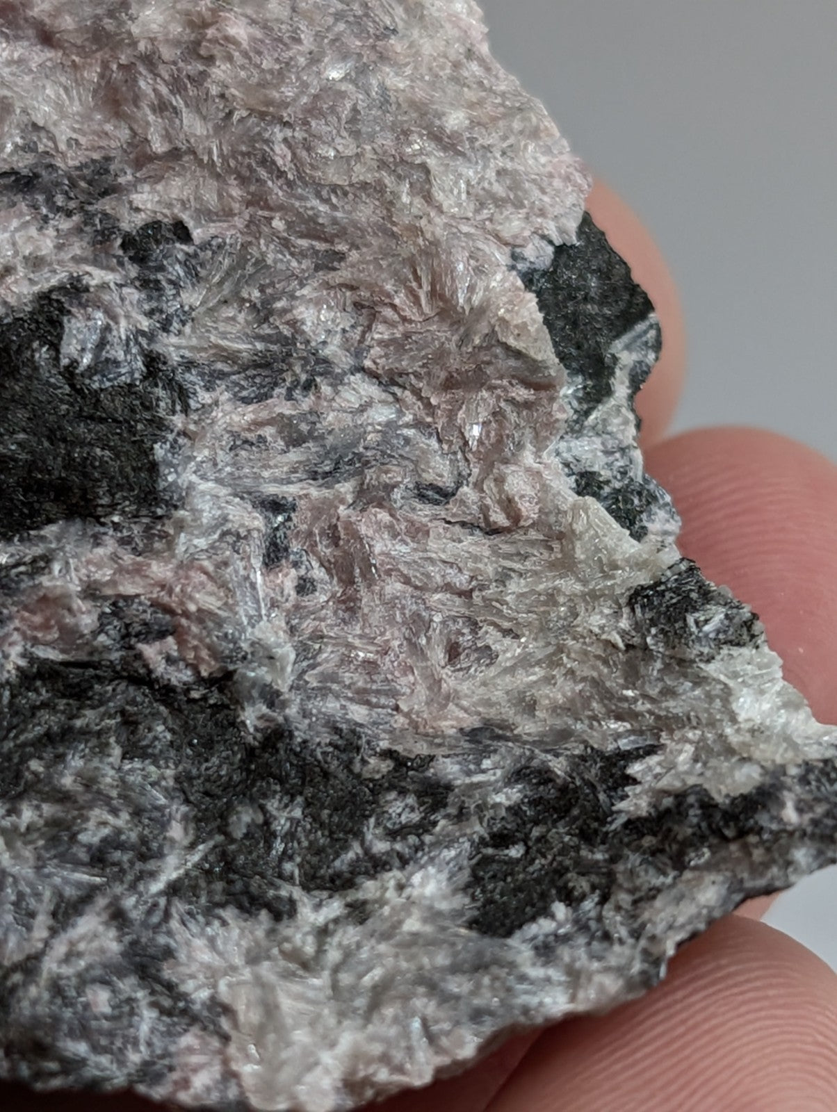 A rough, irregularly shaped mineral specimen with a mottled surface of grayish-white and dark black patches.