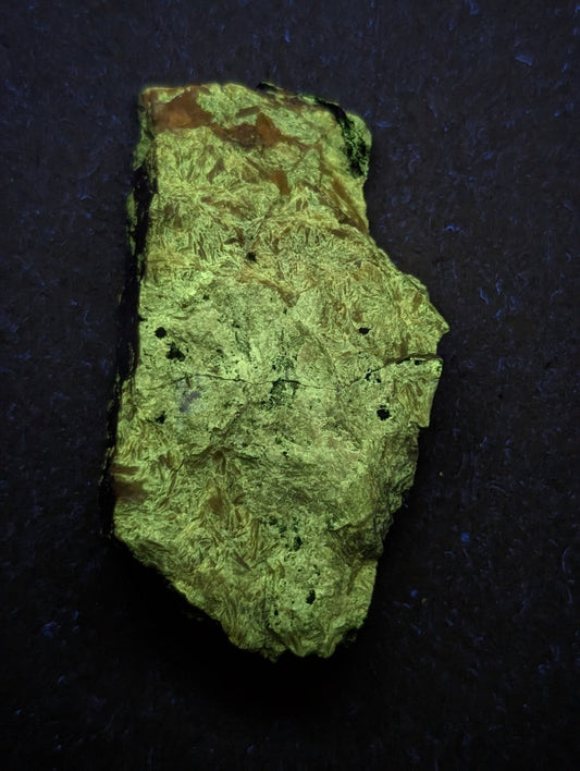 A rough, irregularly shaped piece of golden-yellow mineral with a textured surface and scattered dark specks.